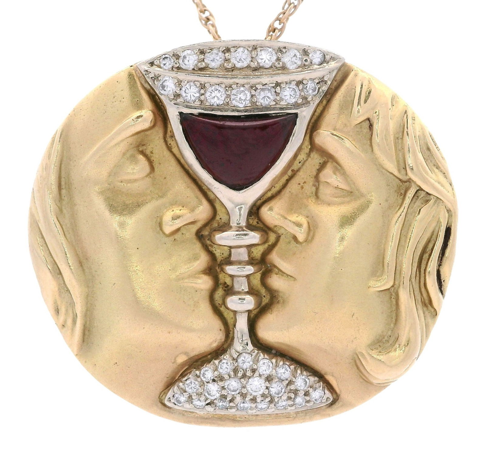 Late 20th Century Henryk Kaston 18k Gold Afterdali Tristan & Isolde Diamond Garnet Brooch: Late 20th century Henryk Kaston brooch crafted in tested 18K yellow gold and bearing the “Henryk Kaston” trademark, after Salvador Dalí’s celebrated Tristan and Isolde motif, depicting the