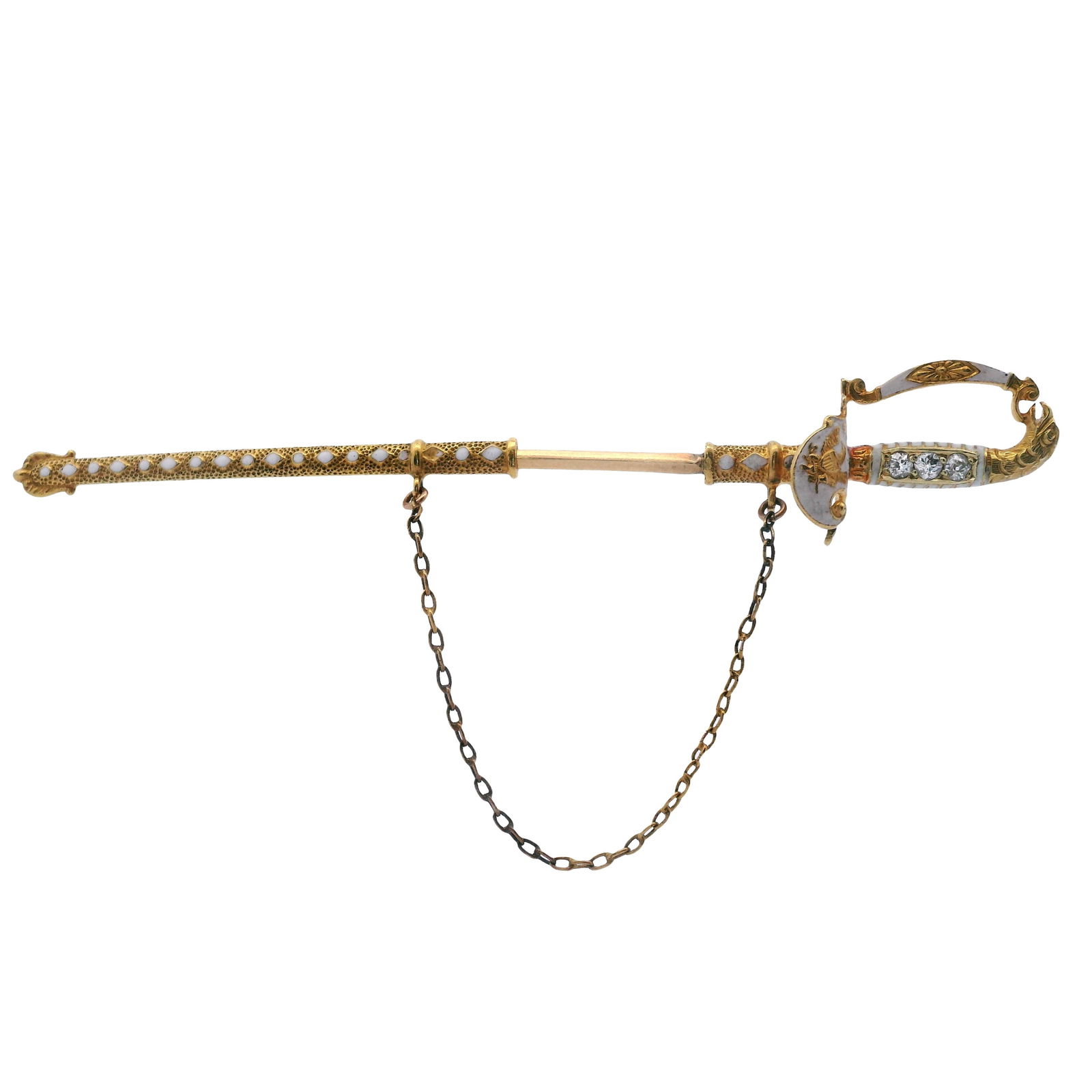 Antique Spectacular Enamel & Diamonds Sword Jabot in 18kt yellow Gold (1 of 4)