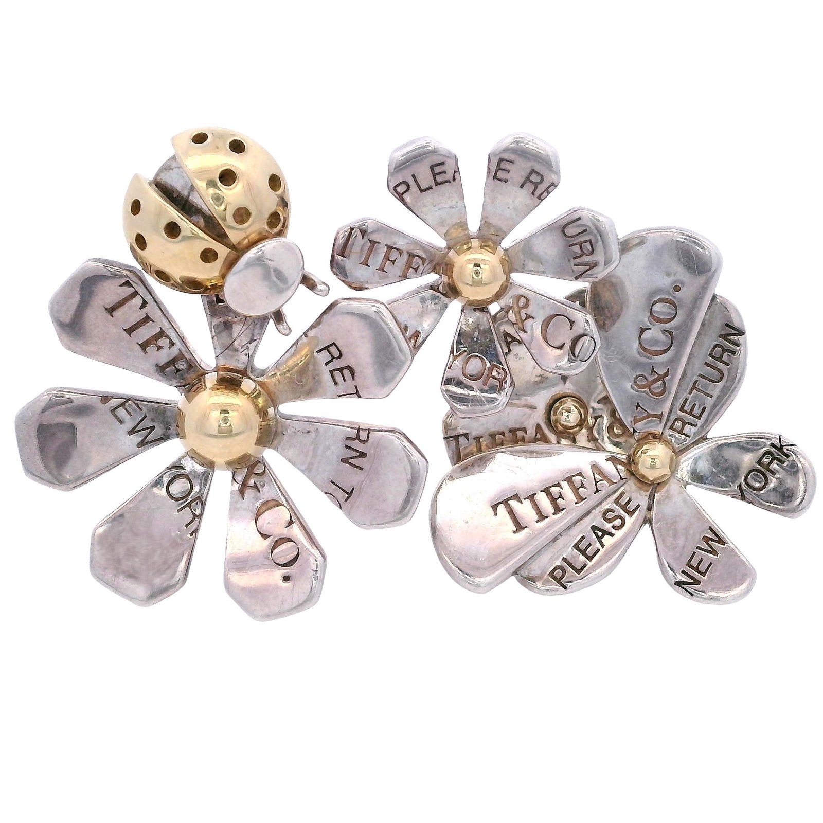 TIFFANY & Co 18kt yellow Gold & Silver Love Bugs Flower Ring: Tiffany & Co. “Love Bugs” flower ring from the Return to Tiffany collection, crafted in sterling silver and 18K yellow gold (marked designer signature, Au750, Ag925), designed as a whimsical m