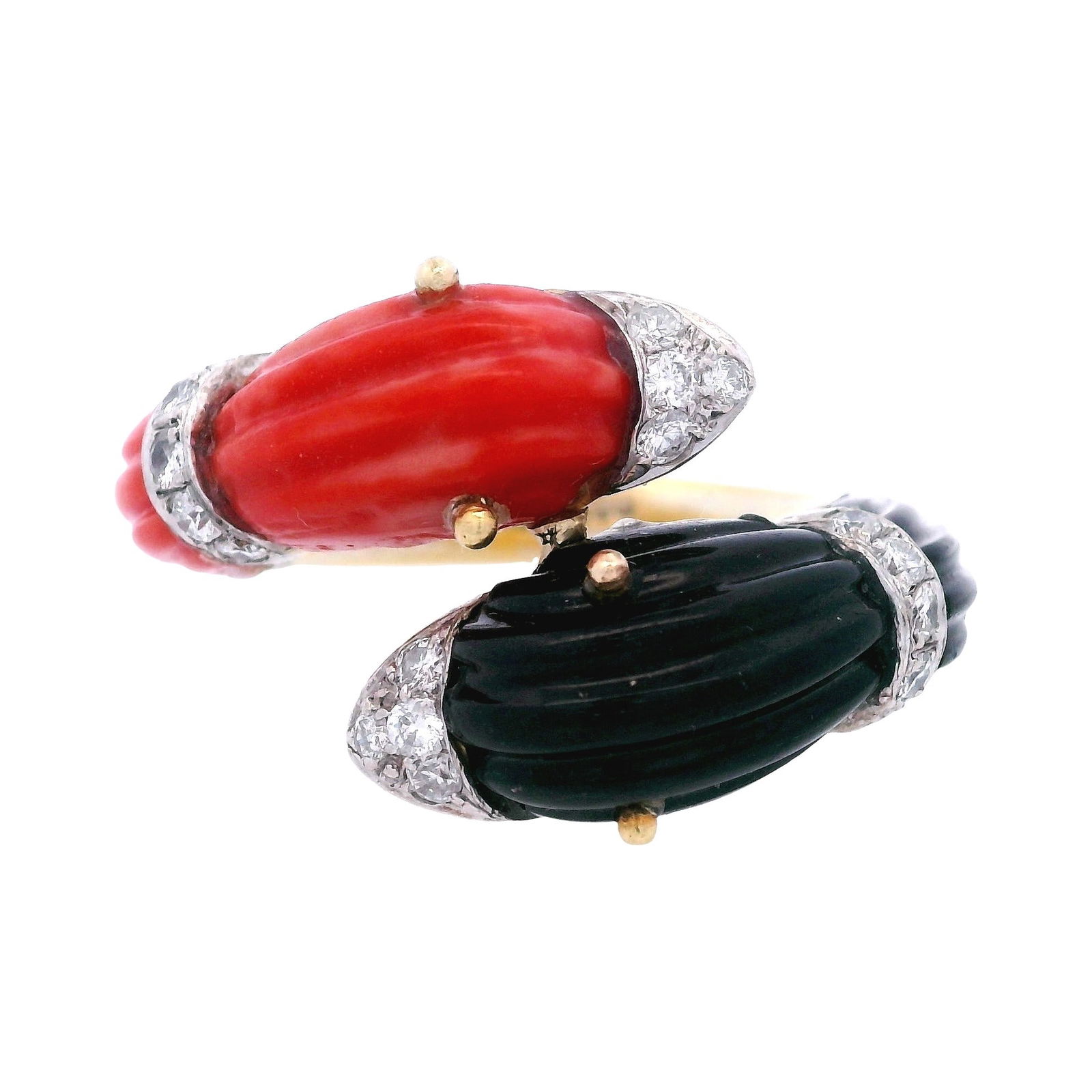 LONDON Hallmarked 18kt yellow Gold Ring width Coral, Onyx & Diamonds: Antique 18kt yellow Gold, accented with four carved pieces of Onyx and Coral featuring two Dolphins. Embellished with 18 Round cut Diamonds weighing Approx. 0.36 carats. GF-G color, VS2 clarity . Stam