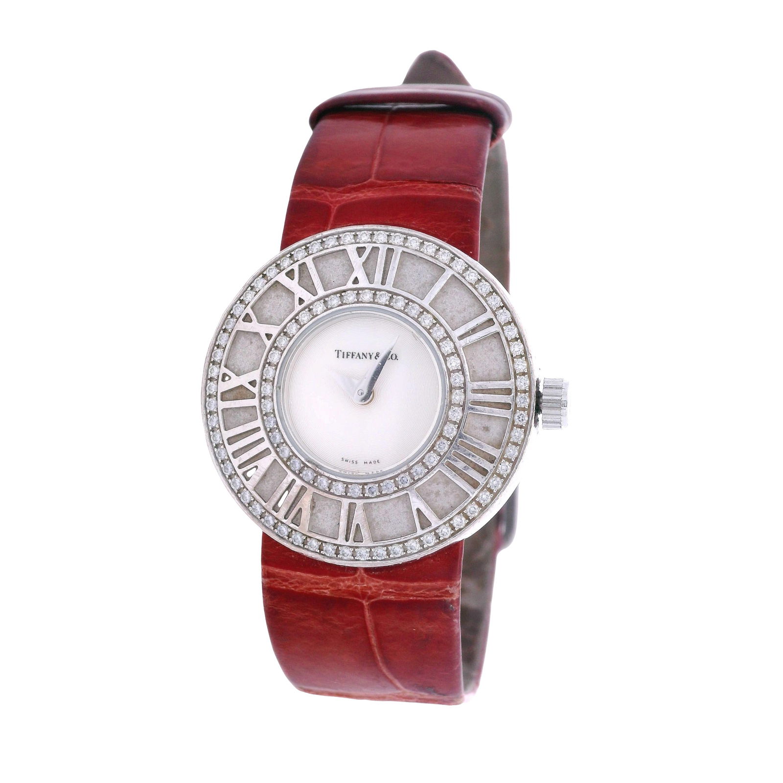 Tiffany & Co. Atlas 18K White Gold Diamond Watch (Ref. 030750218): Tiffany & Co. Atlas ladies watch in 18K white gold (ref. Atlas 030750218), featuring the signature Roman numeral chapter ring and a diamond-set bezel with an additional diamond-set inner ring framing