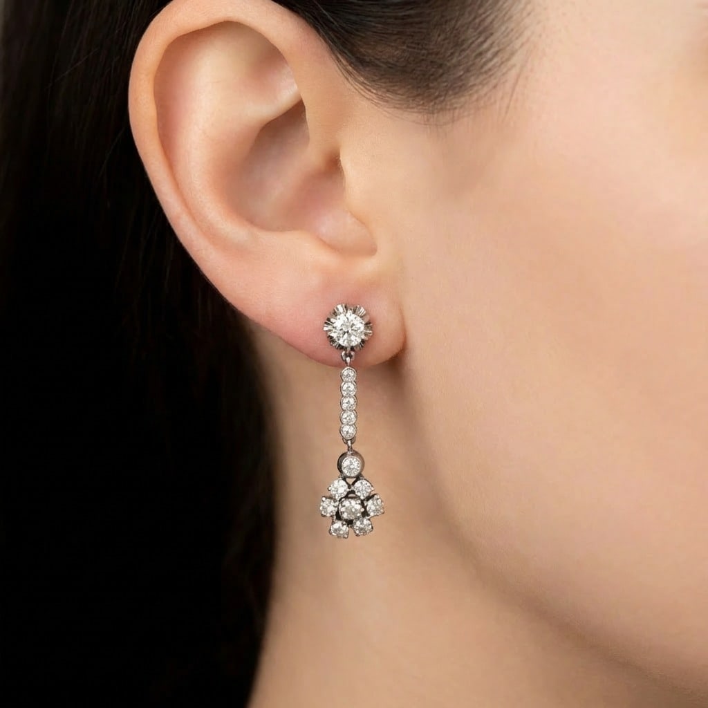 Art Deco Platinum 2.40 Ct. Diamond Earrings: Art Deco platinum earrings set with 28 diamonds totaling approx. 2.40 ct (G–H color, VS1–SI1 clarity) in a refined, geometric design with crisp, old-world sparkle and elegant proportions. A sophis