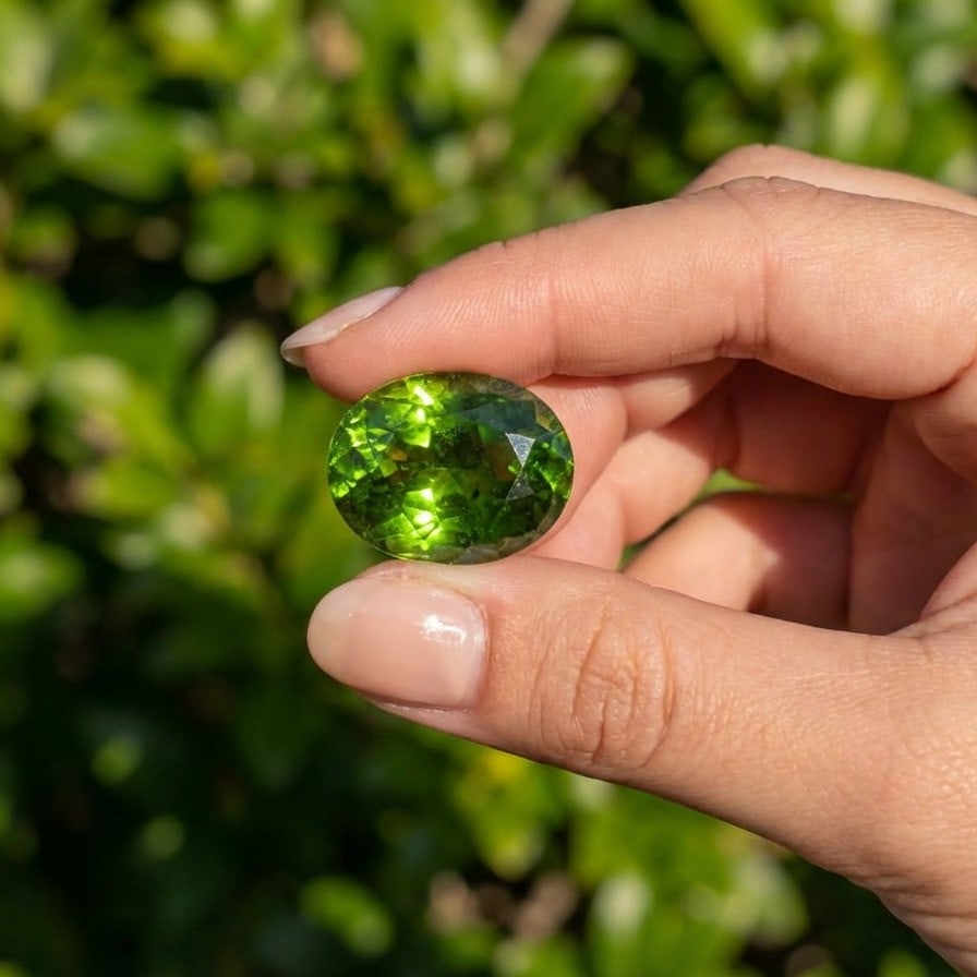 46.59 Cts Loose Peridot with GIA Certificate: Oval brilliant cut Loose Peridot weighing 46.59 carats