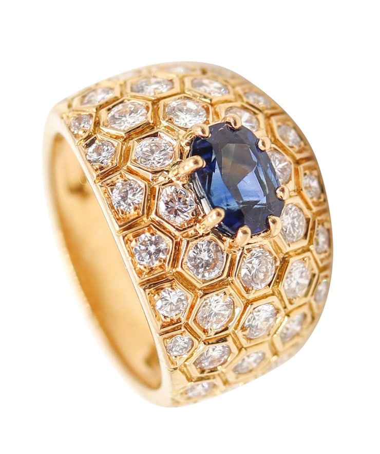 MAUBOUSSIN Paris Cocktail Ring In 18Kt Gold With 3.24 Cwt. In Sapphire & Diamonds: A beautiful and elegant cocktail ring by Mauboussin, Paris, crafted in the late 1980s in solid 18K white gold with a high-polish finish and classic, refined proportions. The masterfully designed ring