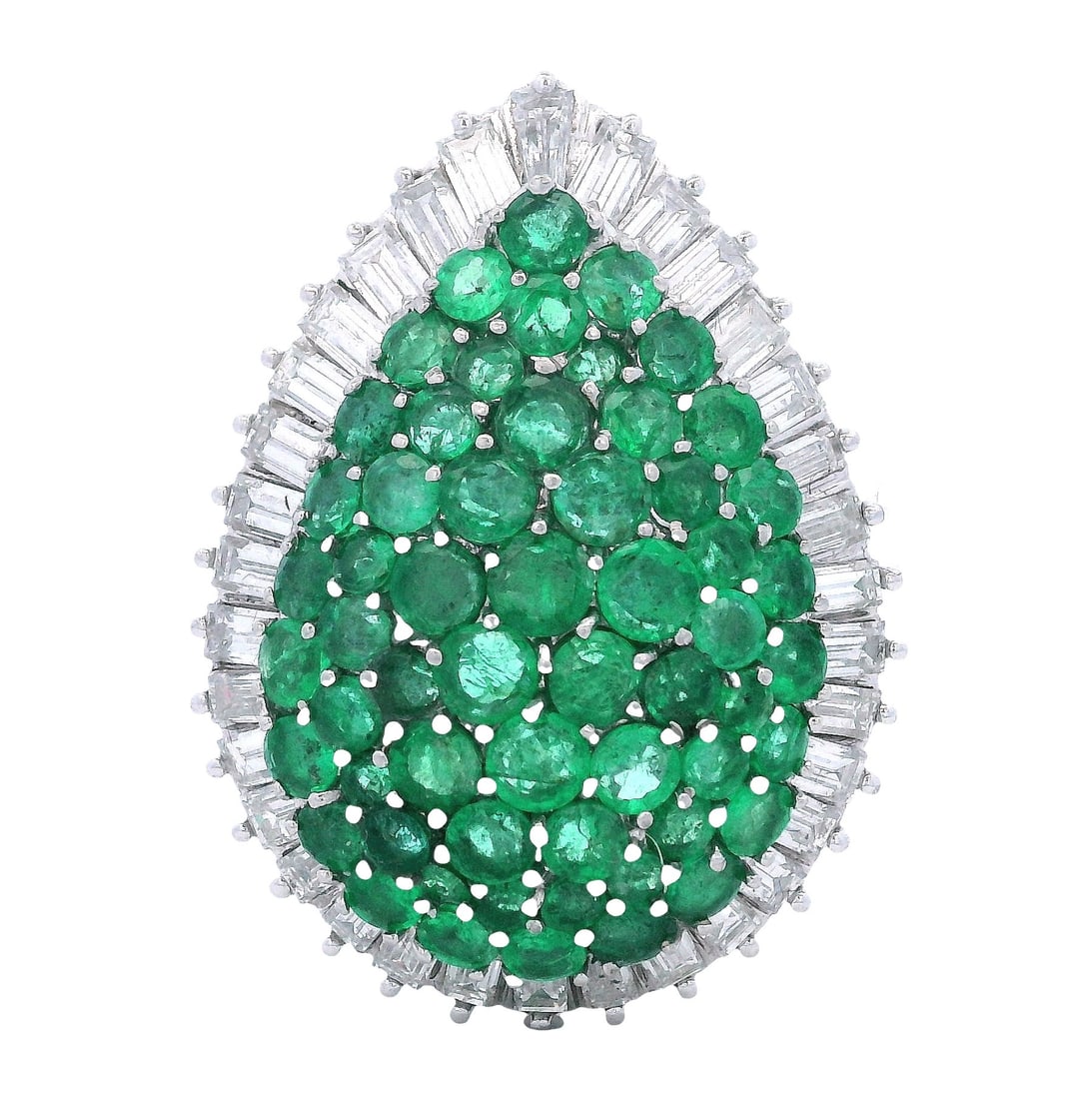 Platinum Cocktail Ring with 12.00 Cts in Emerald & Diamonds: Platinum ring featuring a stunning cluster of 68 vivid emeralds totaling 7.00 ct in a bold, teardrop silhouette, framed by a dramatic halo of 34 baguette diamonds totaling 5.00 ct (F–G color, VVS–