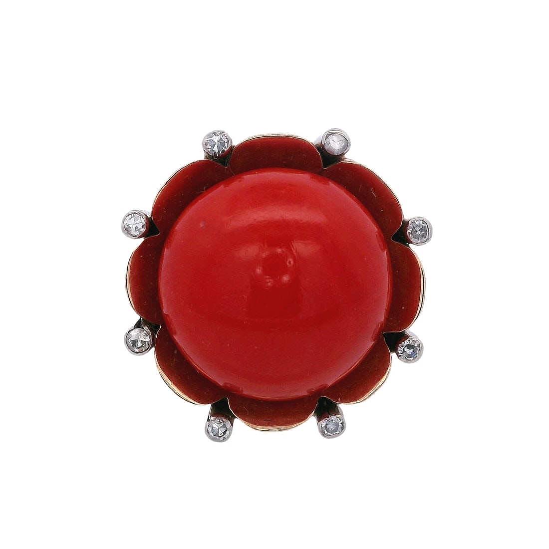 Retro 18kt yellow Gold Coral & Diamond Ring (1 of 7)