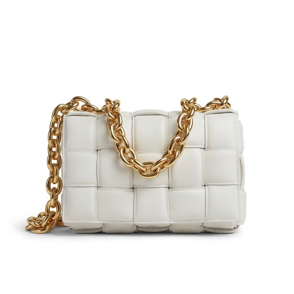 BOTTEGA VENETA Chalk ivory leather CHAIN CASSETTE Shoulder Bag: Bottega Veneta Chain Cassette Shoulder Bag in luxurious chalk Nappa leather, featuring the iconic chunky gold-tone chain handle and adjustable shoulder strap. This coveted design shows gentle signs of