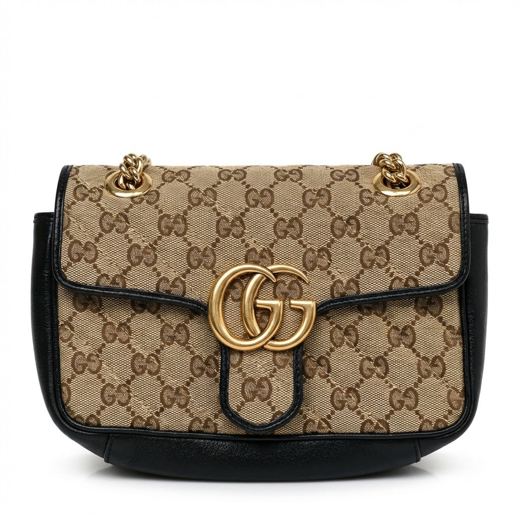 GUCCI Monogram Matelasse Diagonal Mini GG Marmont Shoulder Bag Beige Black (1 of 11)