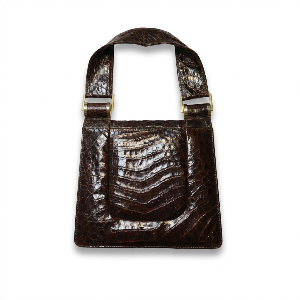 Dark Brown Crocodile-Embossed Leather Shoulder Bag (1 of 10)