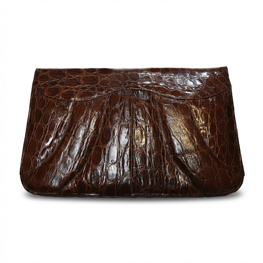 Vintage Crocodile Clutch – Rich Brown Leather with Gathered Detail (1 of 9)