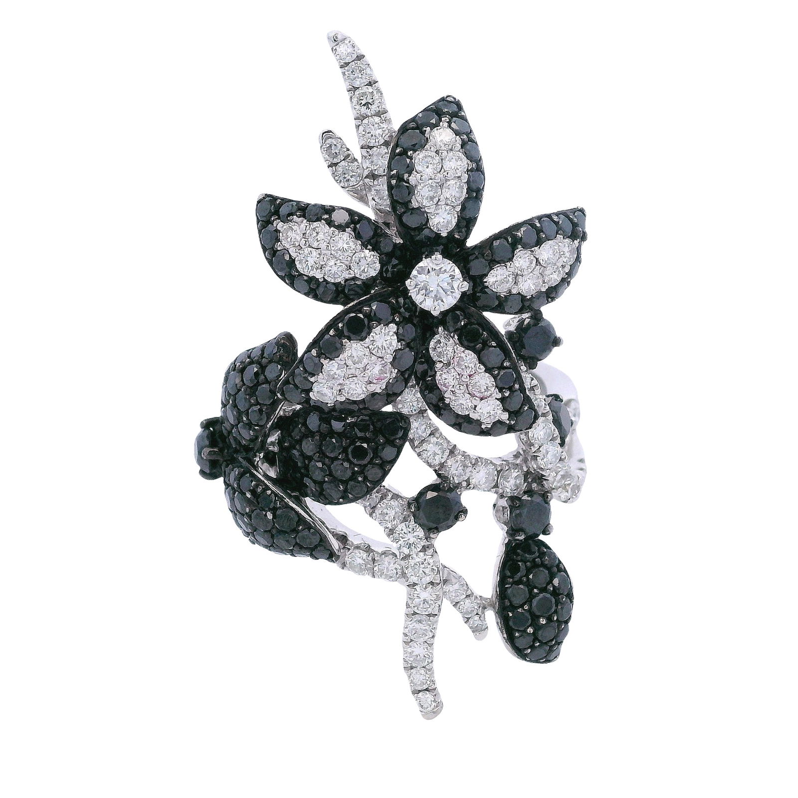 18K White Gold Black & White Diamond Ring: 18K white gold ring featuring a bold, sculptural butterfly design set with 82 diamonds totaling approx. 2.00 ct (F–G color, VVS–VS clarity) and approx. 2.55 ct of black diamonds for striking contr