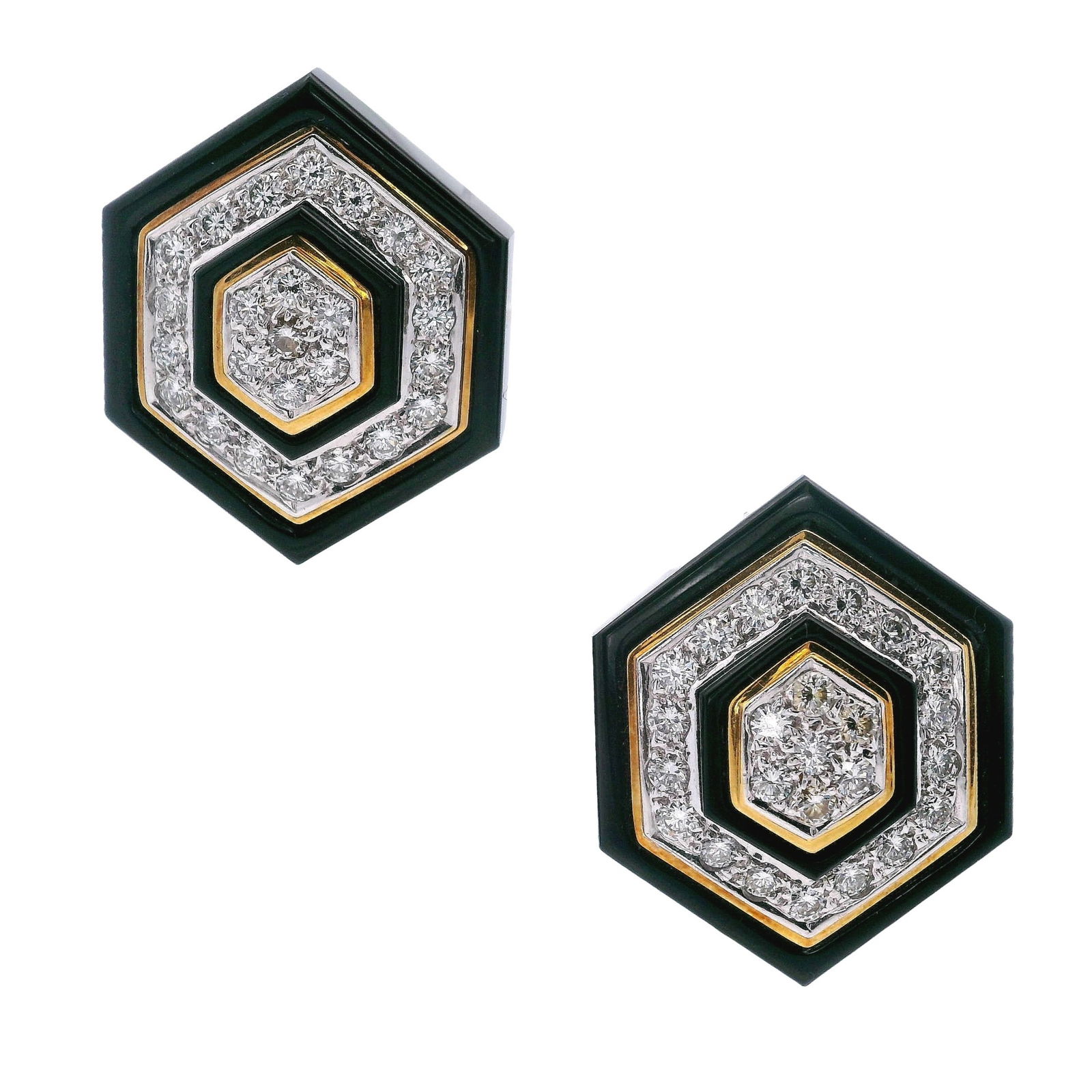 18K Yellow Gold 2.00 Ct. Diamond Earrings: 18K yellow and white gold earrings featuring a bold geometric hexagon design with concentric layers and black enamel accents, set with 50 diamonds totaling approx. 2.00 ct (F–G color, VVS–VS clari