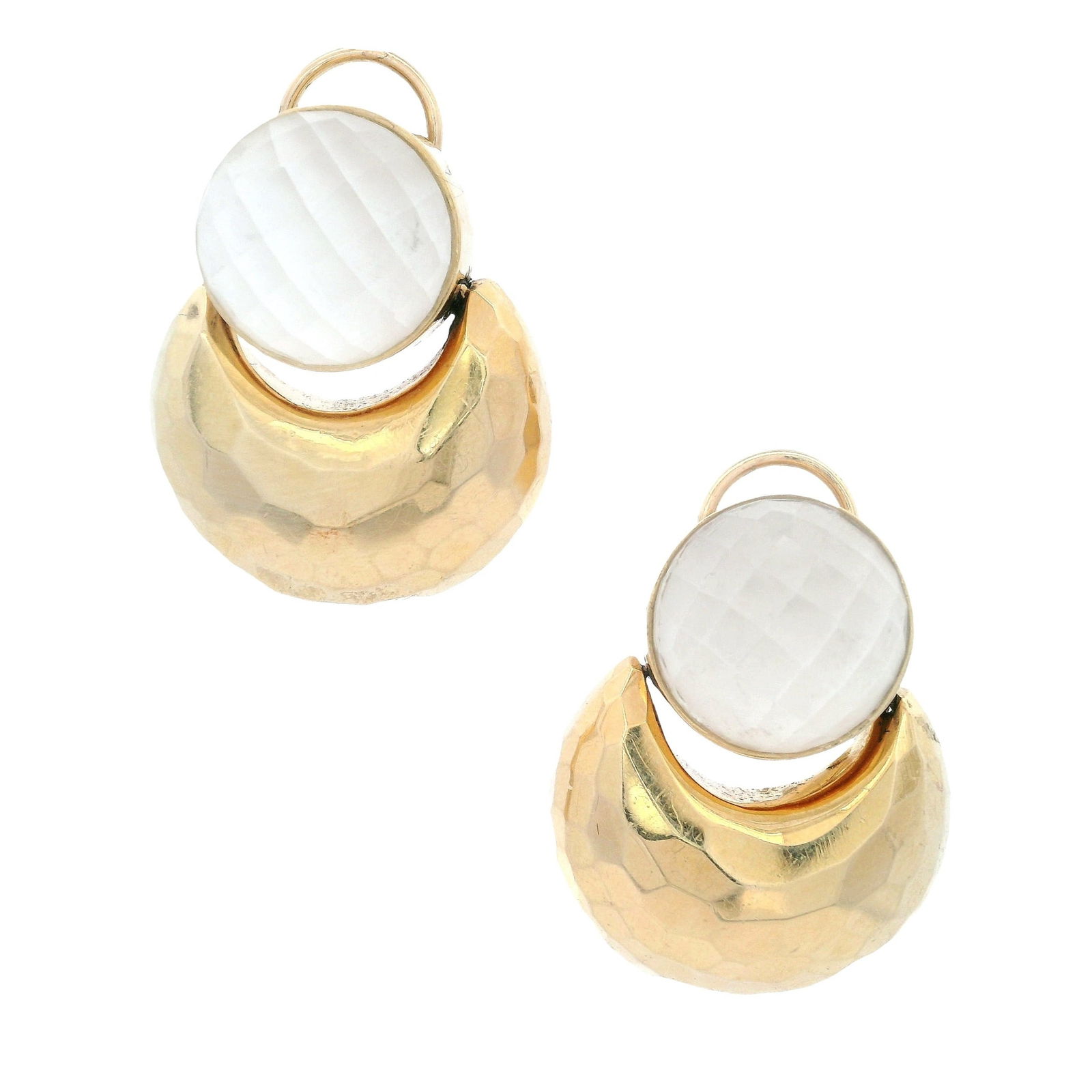 14K Yellow Gold Rock Crystal Earrings: 14K yellow gold earrings featuring bold, faceted rock crystal cabochons with exceptional clarity and brilliant sparkle, set within substantial hammered gold bezels for warm, textured contrast. A refin