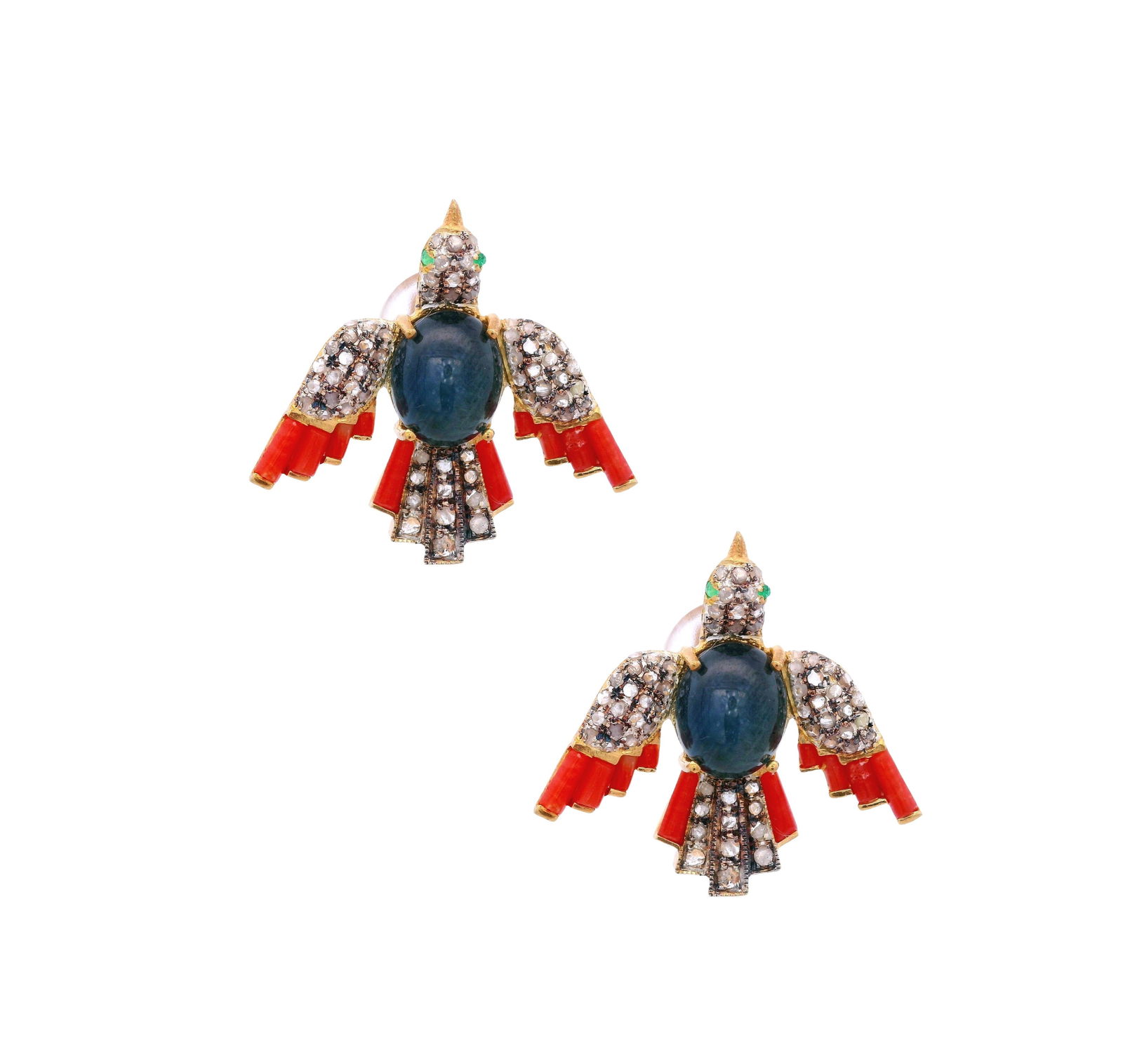 14kt yellow Gold & Sterling Silver Gilt Bird Earrings with Sapphires, Corals & Diamonds: 14kt yellow Gold & Sterling Silver Gilt Bird Earrings with two cabochon blue Sapphires of Approx. 3.50 carats. Along with Corals & 112 Rose cut Diamonds weighing 0.65 carats.
