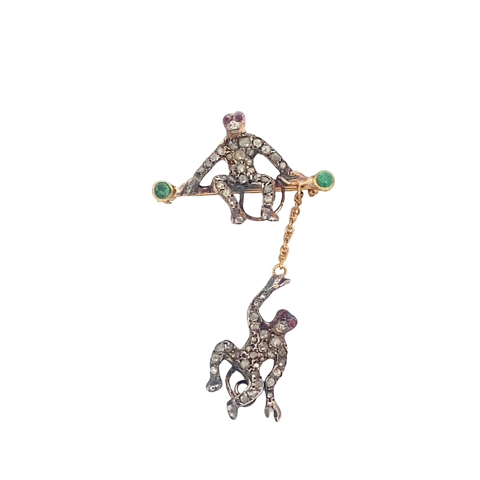 14kt yellow Gold Sterling Silver 925 Monkey Brooch with Emerald & Diamonds (1 of 5)