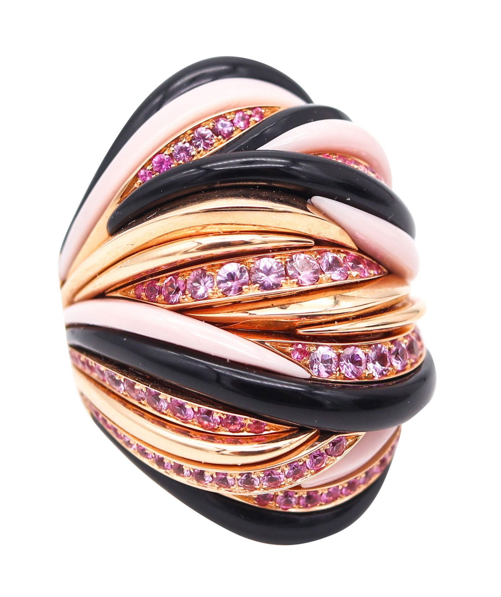 FAWAZ GRUOSI Sculptural Cocktail Ring In 18Kt Gold With 3.76 Ctw In Pink Sapphires: A bold contemporary cocktail ring by Fawaz Gruosi, created in London as a free-form sculptural statement in high-polished 18K yellow gold. The design is animated by ten carved elements of Peruvian pin