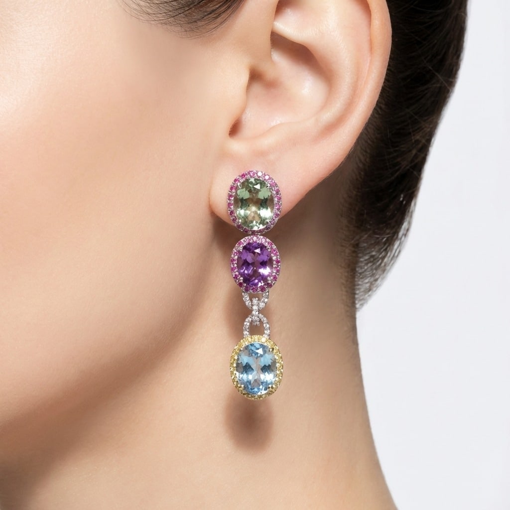 18K White Gold Diamond & Semi-Precious Stone Earrings: 18K white gold drop earrings showcasing approx. 34.00 ct of vibrant semi-precious gemstones in a multi-stone cascade, each framed by colorful accents and linked with diamond-set connectors. Set with 3
