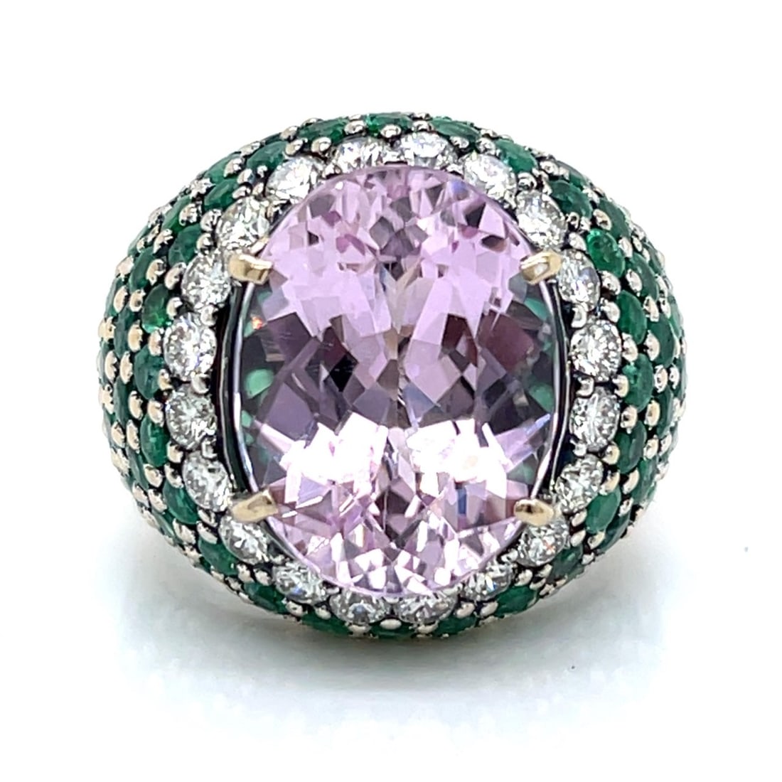 18K White Gold Kunzite, Emerald, & Diamond Ring (1 of 3)