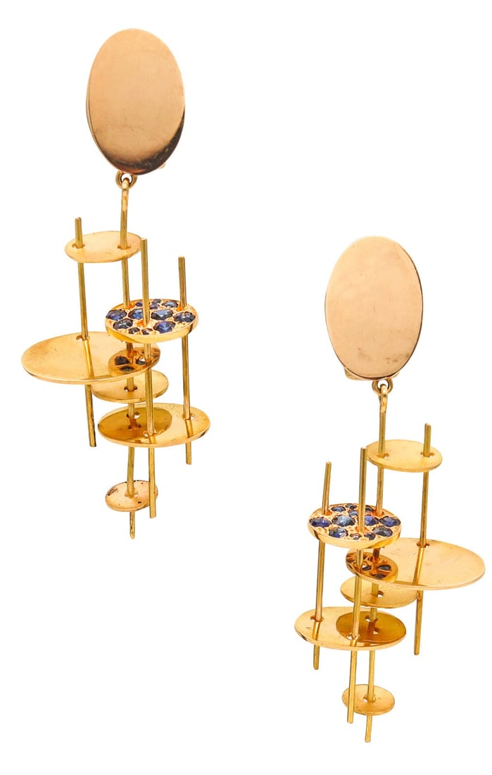 Alberto Giorgi Italy Sculptural Drop Earrings In 18Kt Yellow Gold With Blue Sapphires (1 of 6)