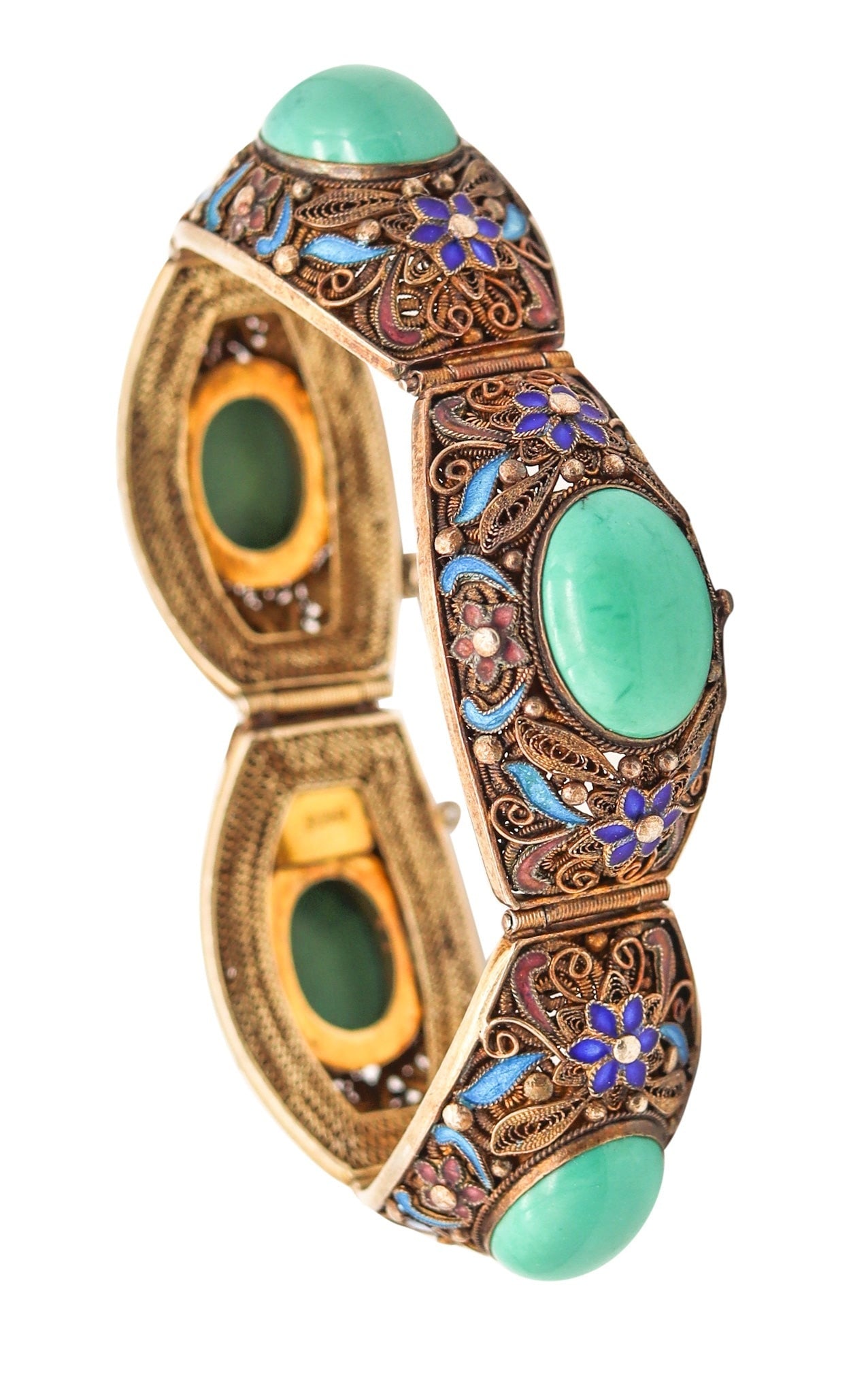 QING DYNASTY 1900 Chinese Export Enameled Bracelet In .900 Silver & Turquoises: A beautiful antique Chinese Export bracelet, circa 1890–1910, masterfully crafted during the late Qing Dynasty for the Western market. The design features exquisite filigree in .900 silver and 24K g