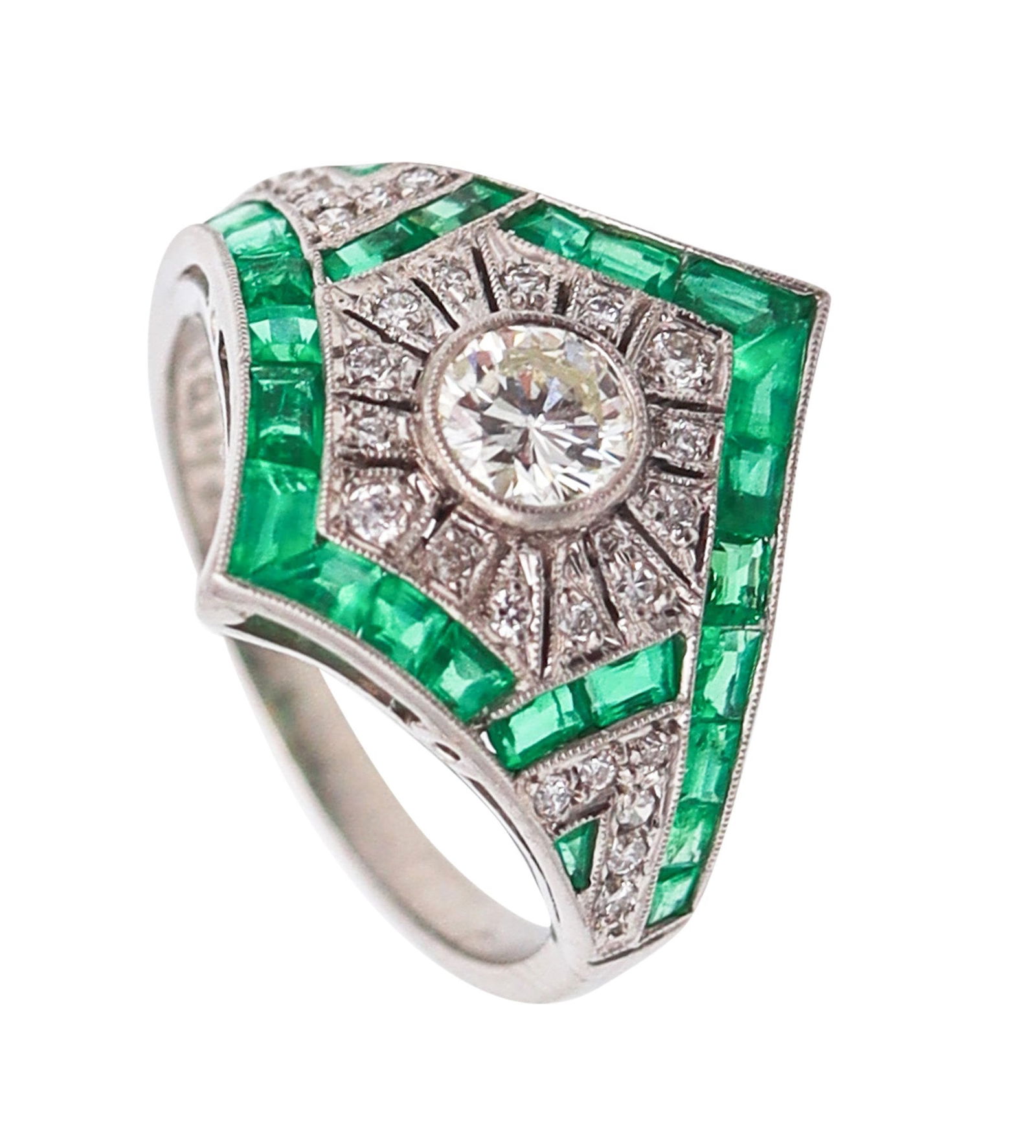 ART DECO 1930 Geometric Ring In Platinum With 2.67 Ctw In Diamonds And Emeralds (1 of 7)