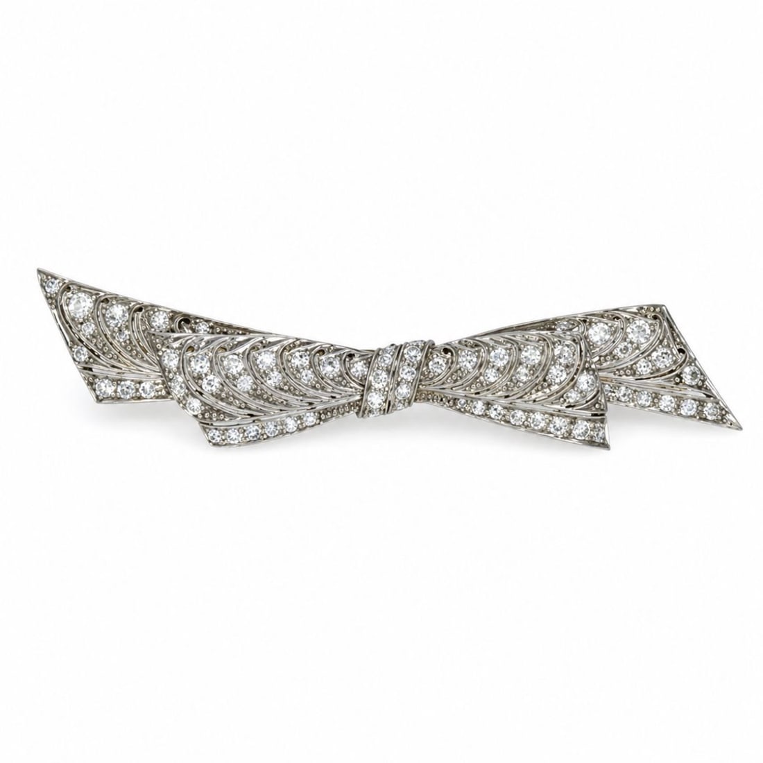 Platinum Bow Brooch with 2.00 CTW in Diamond: Striking Art Deco bow brooch crafted in platinum (stamped 950), designed with crisp ribbon-like geometry and fine openwork detailing, pavé-set throughout with 68 European-cut diamonds totaling approx
