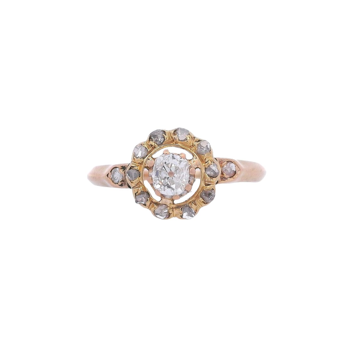 Antique 18kt yellow Gold Rosetta Ring with Diamonds: Antique Rosetta Ring crafted in 18kt yellow Gold set with a center Old mine Diamond weighing Approx. 0.35 carats. H color, SI2 clarity. Surrounded by 12 Rose cut Diamonds weighing Approx. 0.12