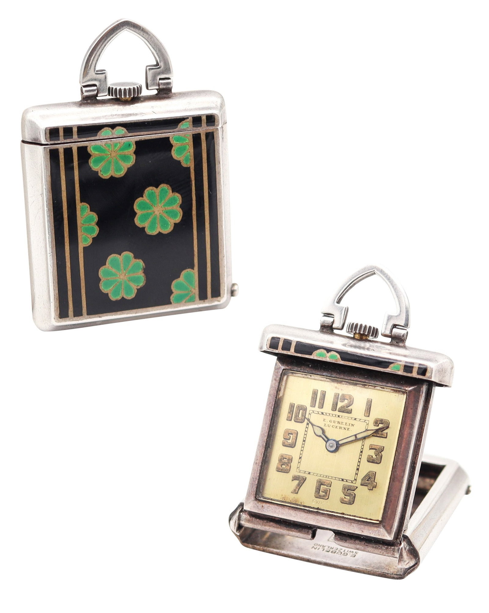 GUBELIN 1925 Art-Deco Enameled Foldable Purse Travel-Clock In .925 Sterling Silver (1 of 9)
