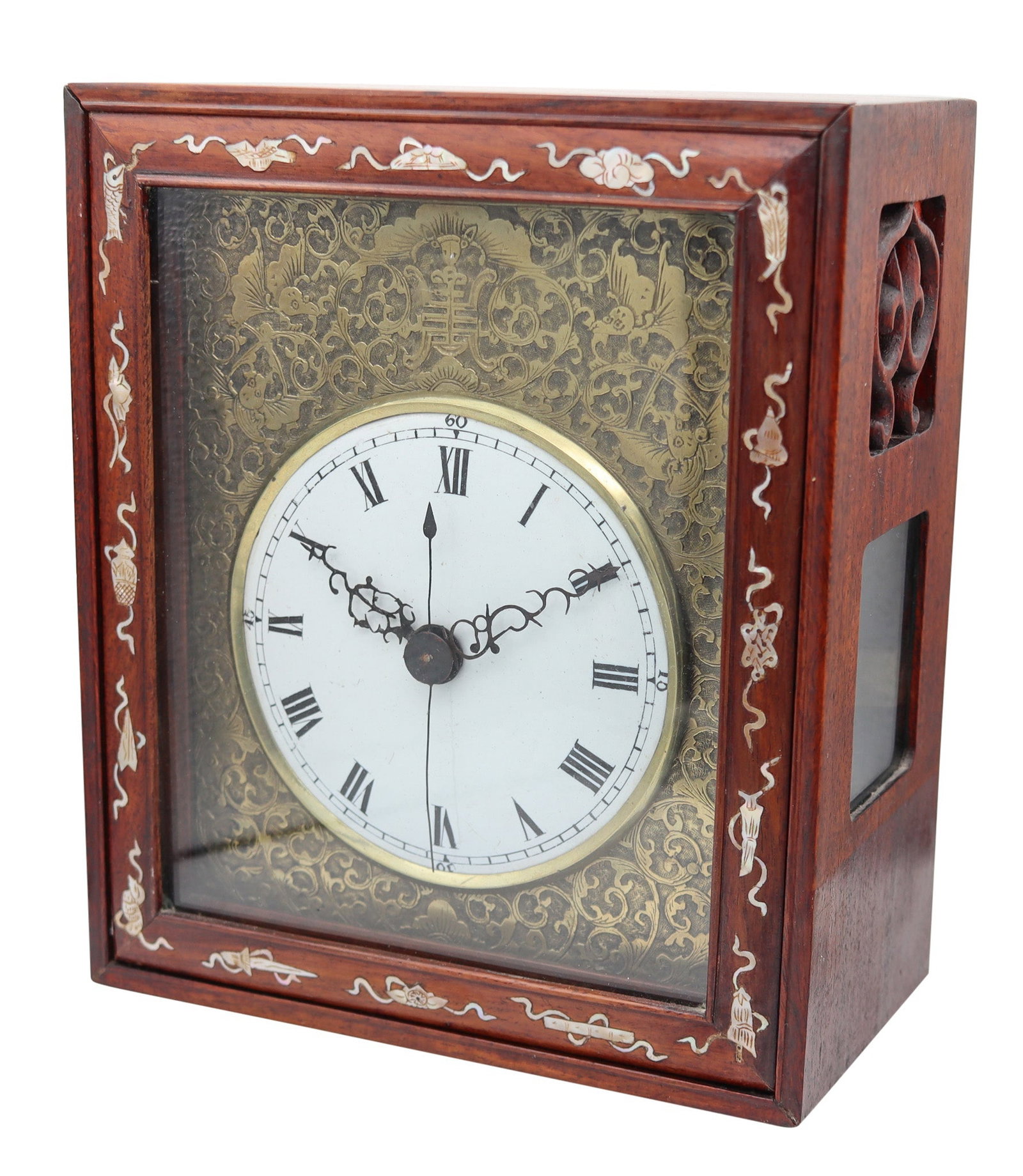 QING DYNASTY 1790 Export Table Clock In Gilt Bronze, Wood & Inlaid Nacre: Imperial China (export market), Qing Dynasty (c. 1790–1810). Rectangular carved wood table clock inlaid with natural white nacre, with sliding side doors (one glazed) and a lift-up framed glass fron