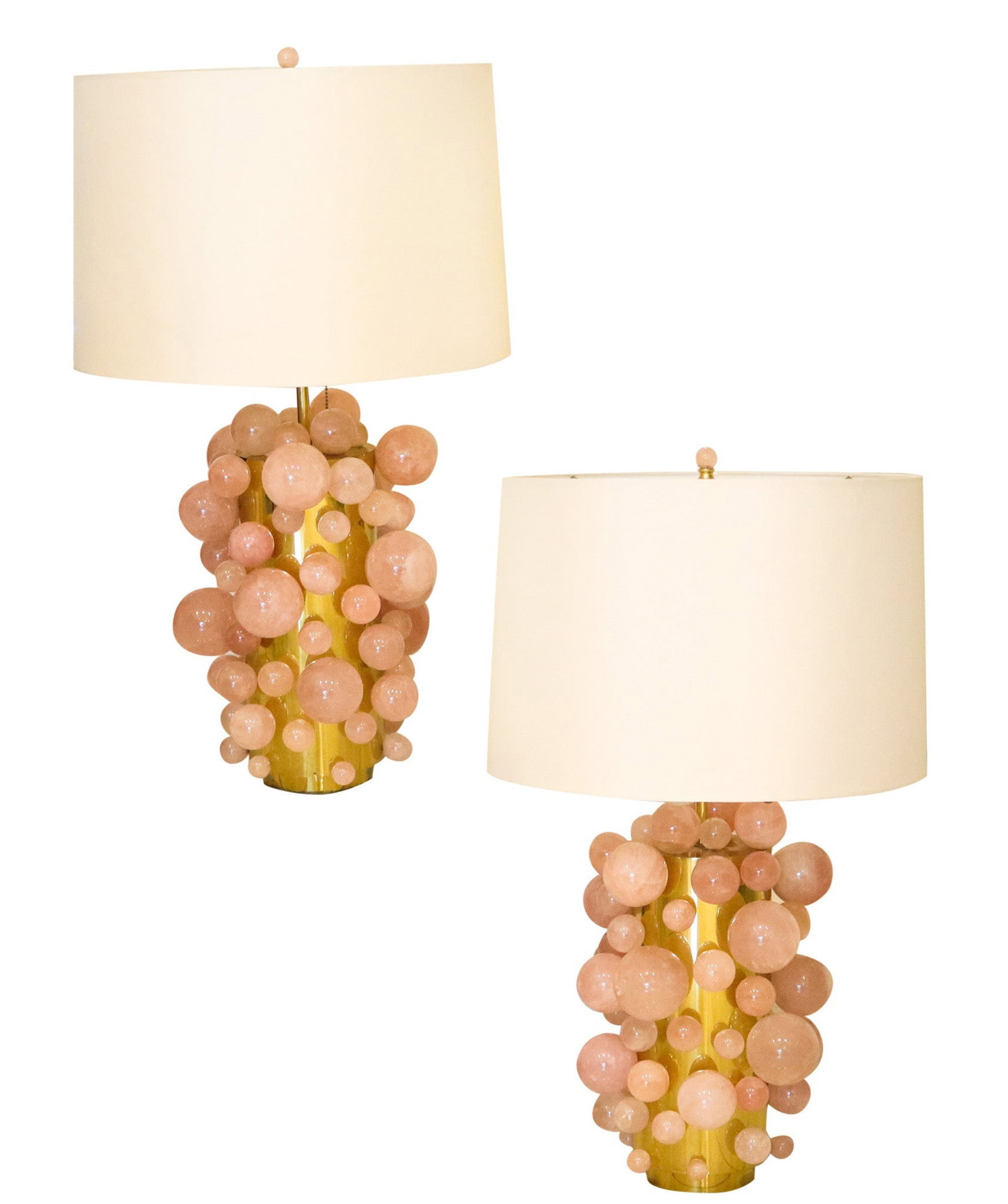 MODERNIST Pair of Artistic Table-Side Lamps In Gilt Bronze With Pink Quartz Spheres: United States, Modernist / mid-century style (c. 1980). Monumental pair of sculptural table lamps in 24K gilt bronze, dramatically accenter with 130 natural pink quartz spheres of varying sizes, accom