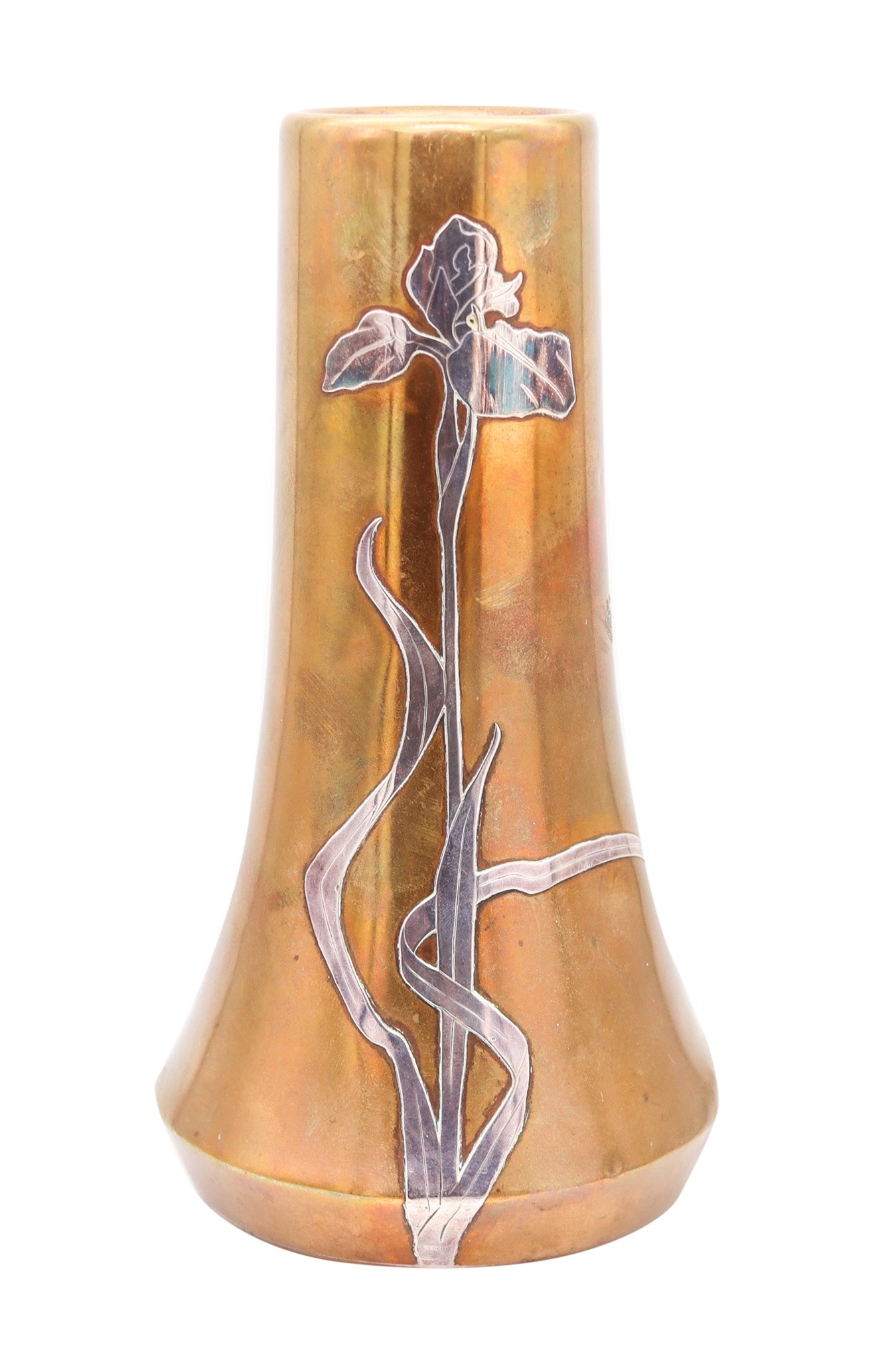 OTTO HEINTZ Art & Craft 1890 Fluted Vase Polished Brass & Sterling Silver Orchid: New York, United States, Arts & Crafts / Art Nouveau (c. 1890–1900). Decorative Otto Heintz vase in polished brass, embellished with a stylized orchid overlay cut from .925 sterling silver, creating