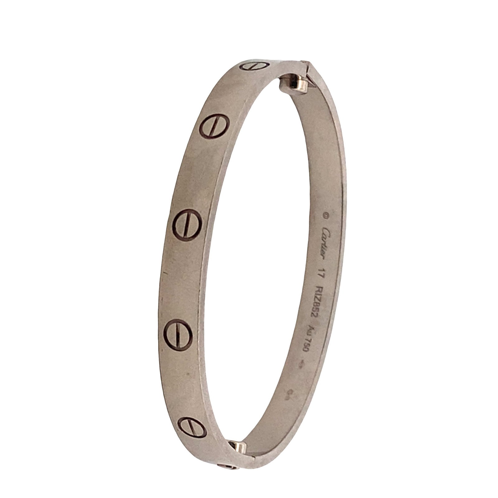CARTIER Vintage 18kt white Gold Love Bracelet size 17: Vintage Cartier LOVE bracelet crafted in 18kt white Gold, size 17, featuring the signature two-screw closure that opens to allow the bracelet to be worn; it weighs 33.0 grams and is stamped with the a