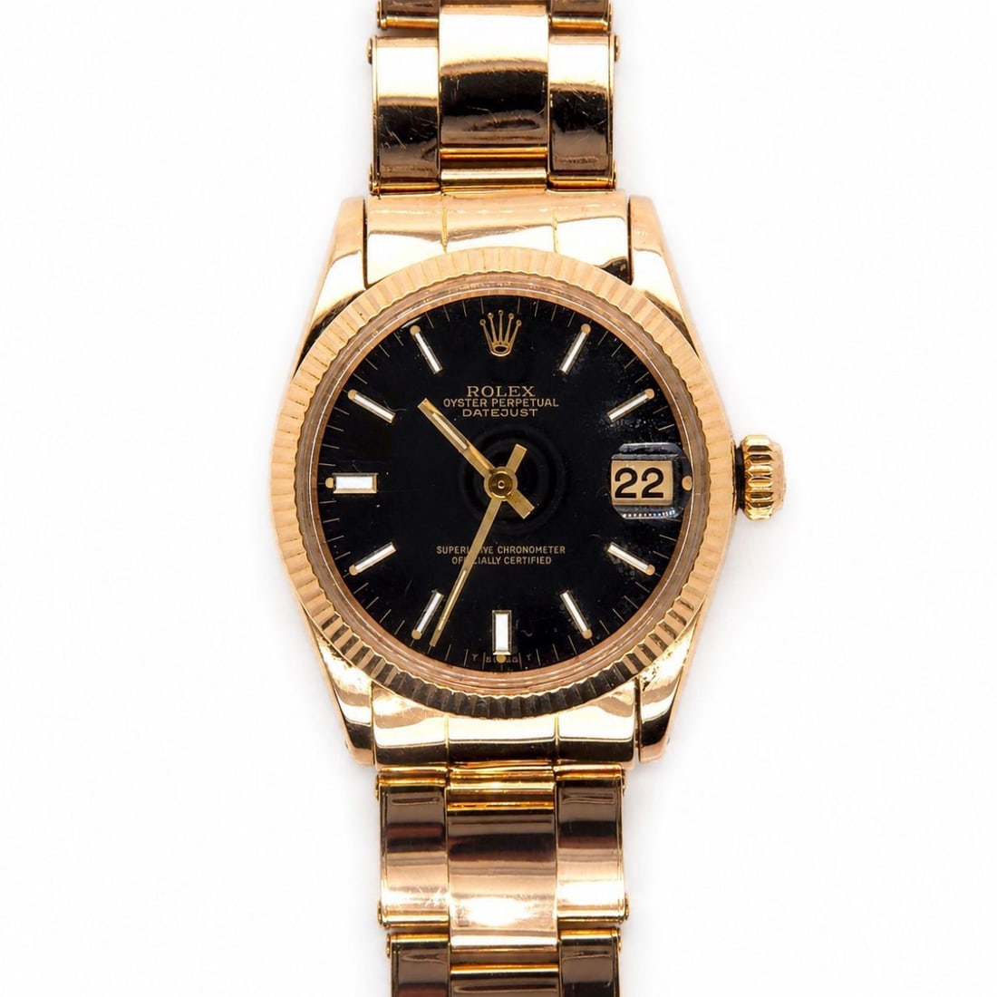 ROLEX 1960’s 34mm 18kt Rose Gold Datejust Watch (Ref. 6627): Vintage ROLEX Datejust in rose gold, 34 mm case, ref. 6627 with 1.5 million serial (circa 1960s), fitted with a fully linked original rivet bracelet. No box/papers; dial shows slight discoloration, ot