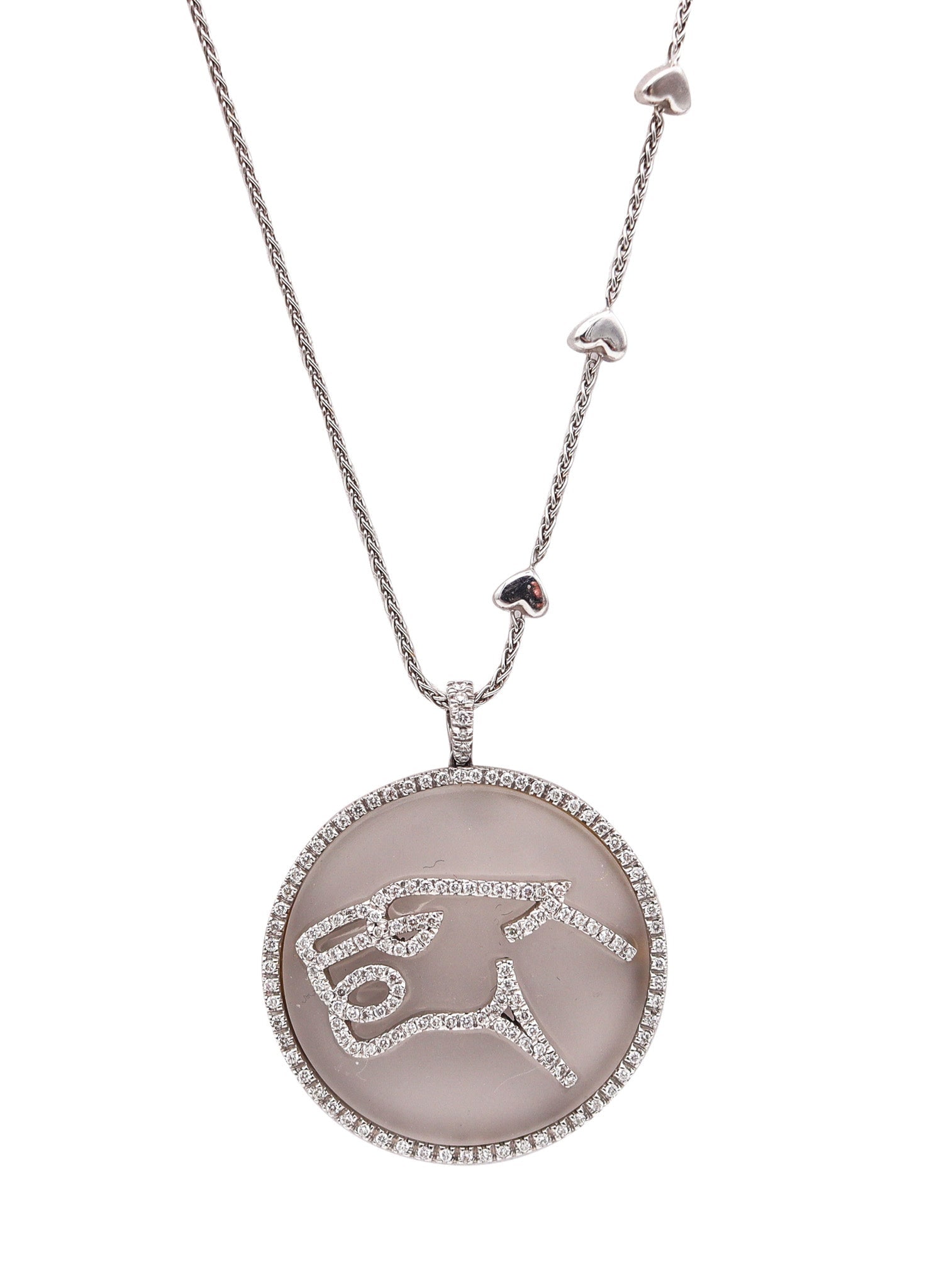 GIANNI BVLGARI Enigma Panther Necklace In 18Kt With Rock Quartz & VS Diamonds: Rome, Italy. Modernist pendant-necklace by Gianni Bvlgari, crafted in high-polish 18K white gold, featuring a large panther-in-profile pendant mounted within a round frosted rock quartz (rock crystal)