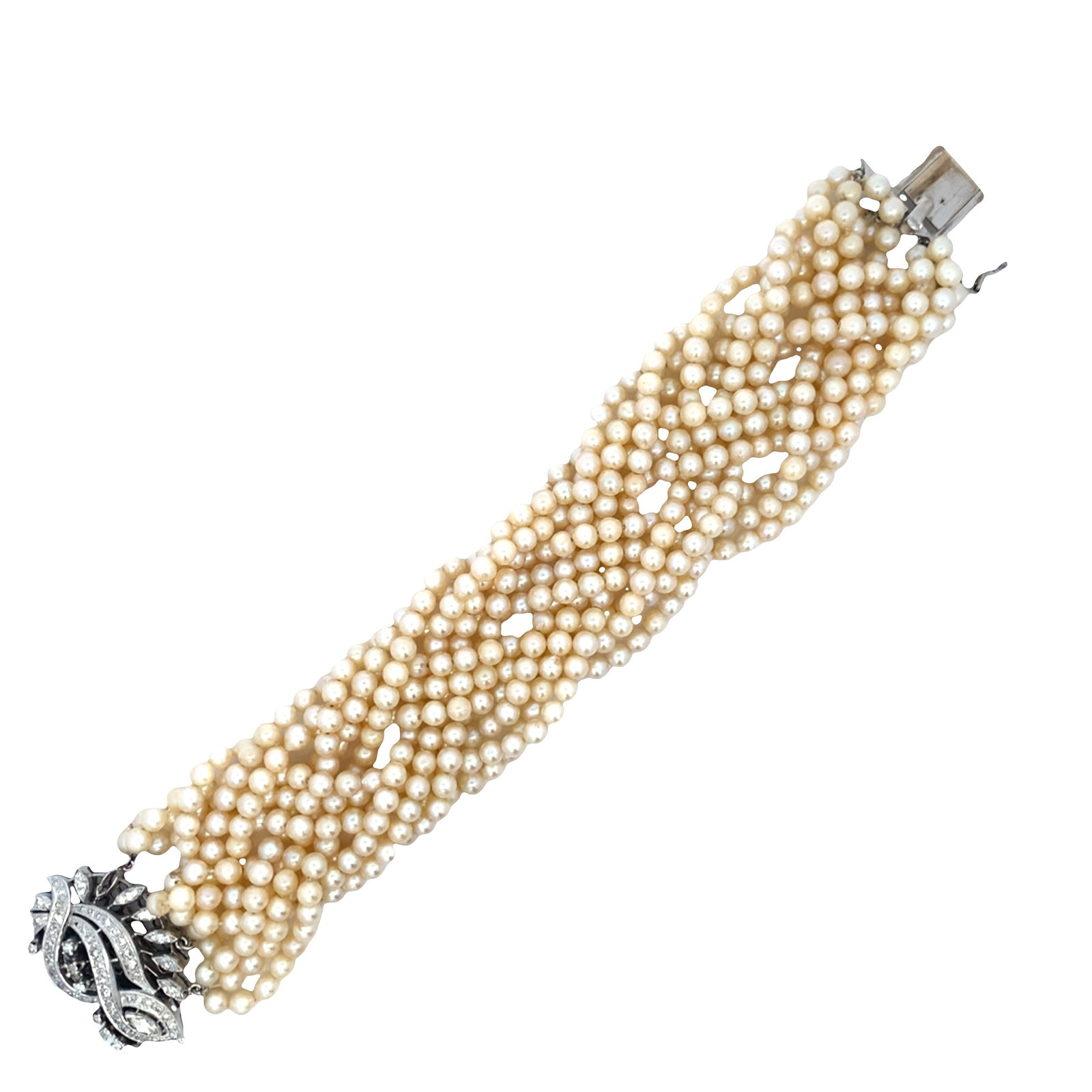 Retro 14kt Gold Pearl Bracelet with 1.75 Cts in Diamonds: Retro Multi strand Pearl Bracelet featuring a 14 kt white Gold Clasp accenter with Marqusie cut and Single cut Diamonds weighing together Approx. 1.75 carats. H-J color, VS-SI clarity. Bracelet Measur