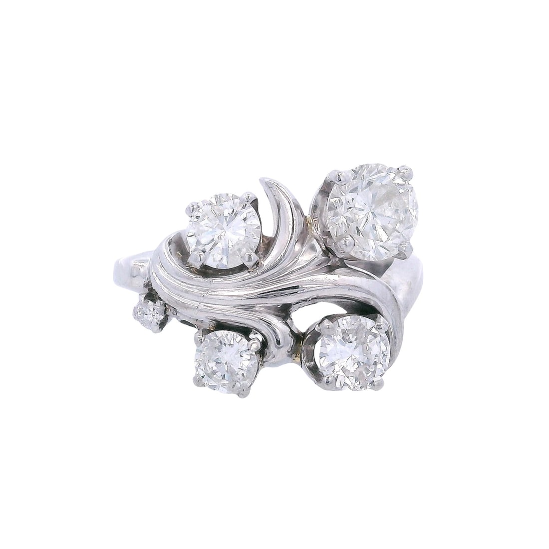 Vintage 14kt white Gold Ring with 1.35 Cts in Diamonds: Vintage Ring crafted from 14kt white Gold, accenter with 5 Round cut Diamonds weighing together Approx. 1.35 carats. F-G color, SI1-2 clarity. Ring size: 4 (sizable). Total weight: 4.4 grams. Ring wid
