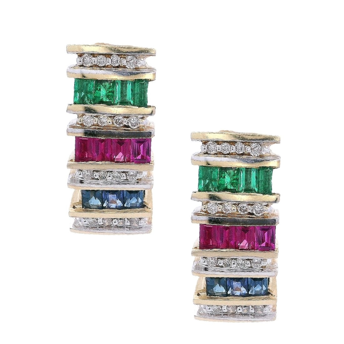 14kt yellow Gold Earrings with Precious Stones & Diamonds: Pair of 14kt yellow Gold Earrings Accenter with Baguette cut Emeralds, Rubies and blue Sapphires weighing together Approx. 1.70 carats. Along with 32 Round cut Diamonds weighing together Approx. 0.30 