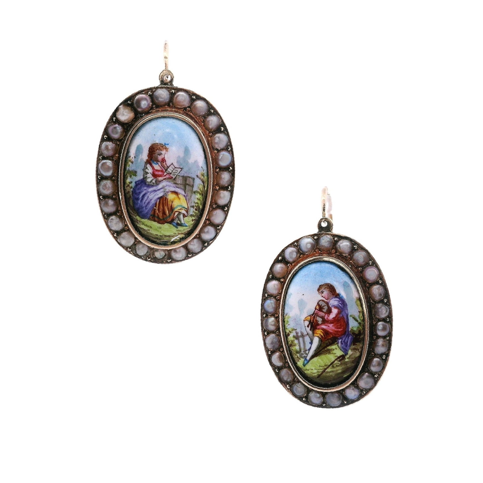 Antique Victorian 14Kt Gold Enamel Earrings with Pearls: Pair of Antique Victorian Earrings crafted form 14kt rose Gold with Enamel and seed Pearls. Total weight: 9.6 grams. Measurements: 1.3 x 0.8 inches.