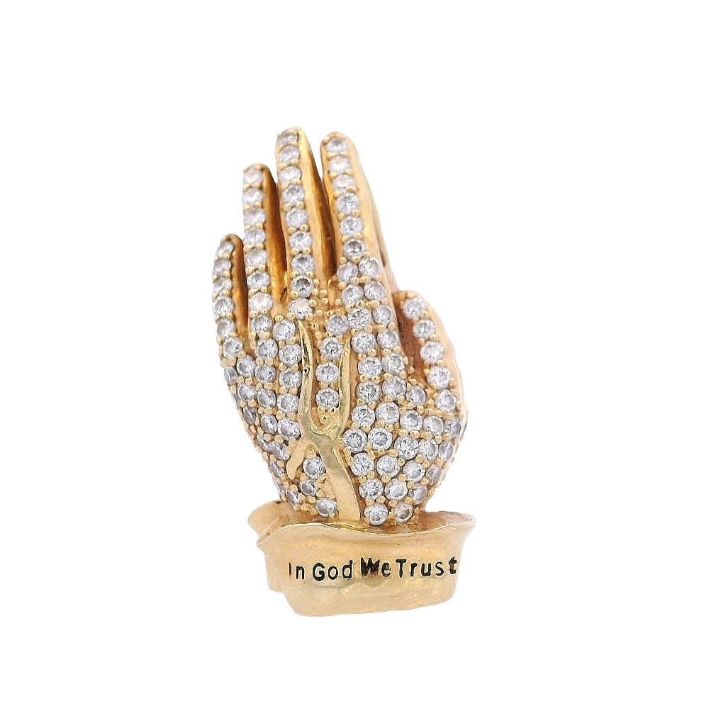 18kt yellow Gold Pendant with 3.00 cts in Diamonds: 18kt yellow Gold Pendant featuring a pave of Round cut Diamonds weighing together Approx. 3.00 carats. F-G color, VS1 clarity. Total weight: 27.6 grams. Measurements: 1.37 x 0.77 inches. Stamped: "In 