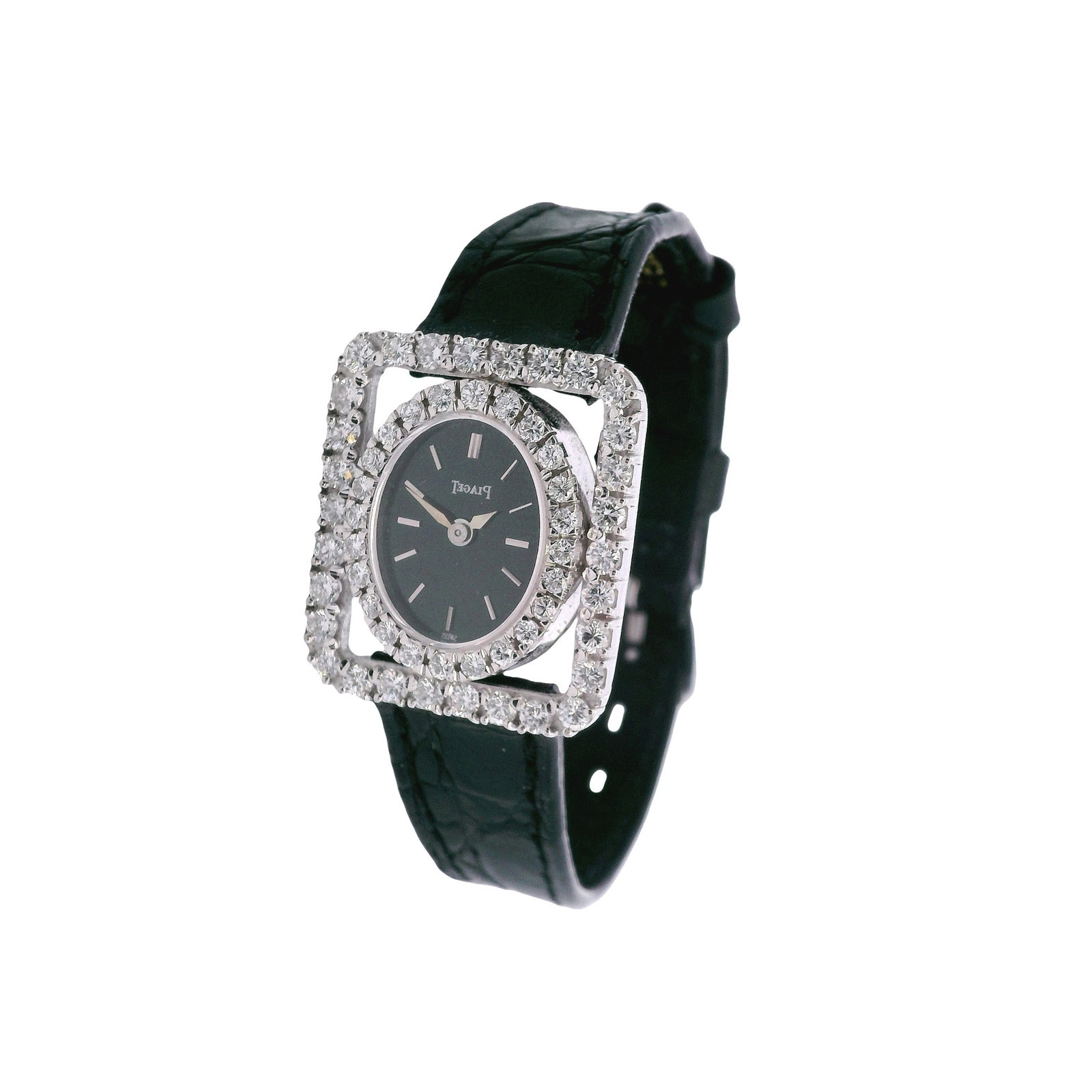 PIAGET 1980 Wrist Watch in 18kt white Gold with Diamonds ref 3782: Piaget 1980 Watch in 18kt white Gold and Diamonds Ref. 3782. Accenter with 54 Round cut Diamonds weighing Approx. 2.16 carats. F-G color, VS clarity. Movement: Manual. Year: Circa 1980. Reference: 378
