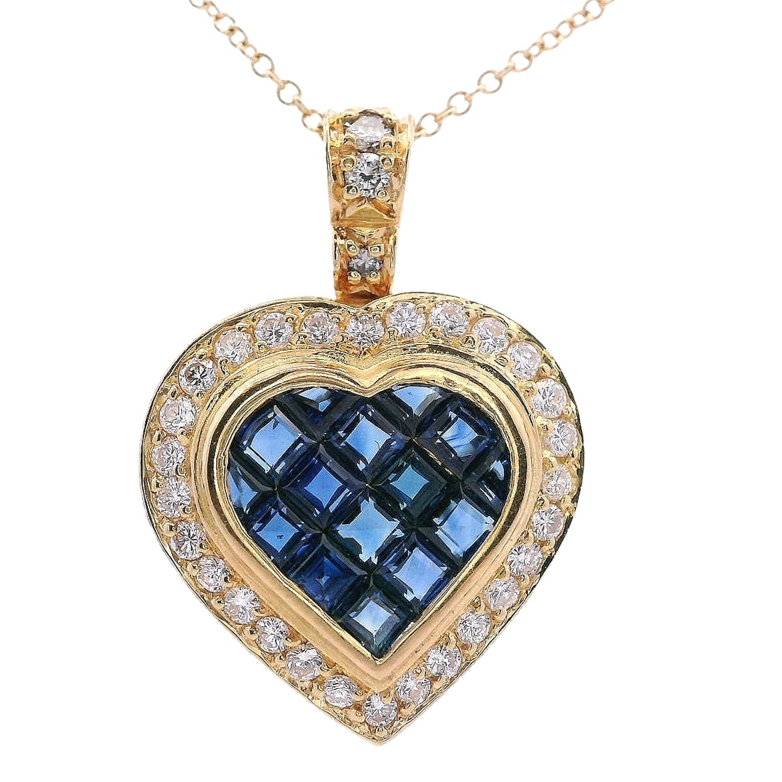 18kt yellow Gold Heart Pendant with Sapphires & Diamonds: Nice Heart Pendant crafted in 18kt yellow Old featuring an invisible set of square cut blue Sapphires weighing together Approx. 1.00 carats. Accenter with Round cut Diamonds weighing Approx. 0.30 cara