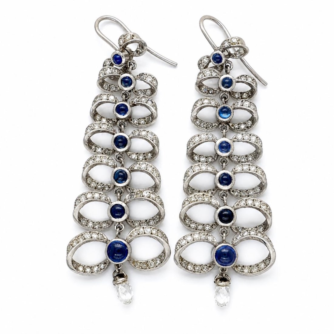 Platinum & 14K White Gold Drop Earrings with 4.60 CTW in Sapphire & Diamond: Art Deco platinum & 14K white gold drop earrings set with 14 sapphires totaling approx. 1.50 ctw, and diamonds totaling approx. 3.10 ctw (incl. 2 briolette diamonds approx. 1.10 ctw plus 100 diamonds 