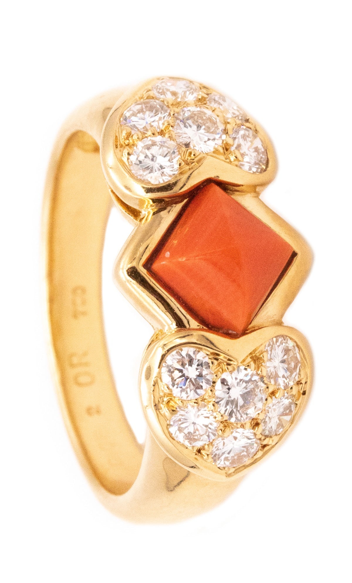 Christian Dior 1970 Paris 18 Karats Gold Ring With 1.96 Ctw In Diamonds And Coral: Paris, France. Colorful ring crafted in high-polish 18K yellow gold, bezel-set with a sugar-loaf cabochon natural salmon coral (approx. 1.00 ct), accenter to the shoulders with 12 pavé-set round bril