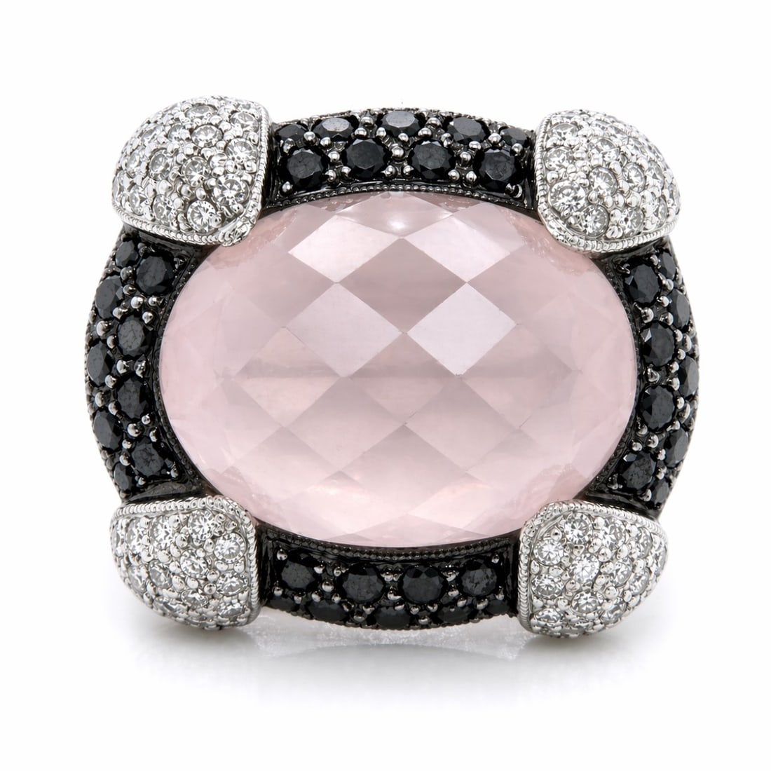 18K White Gold Ring with 1.58 CTW in Diamond & Black Diamond, and Rose Quartz (1 of 4)