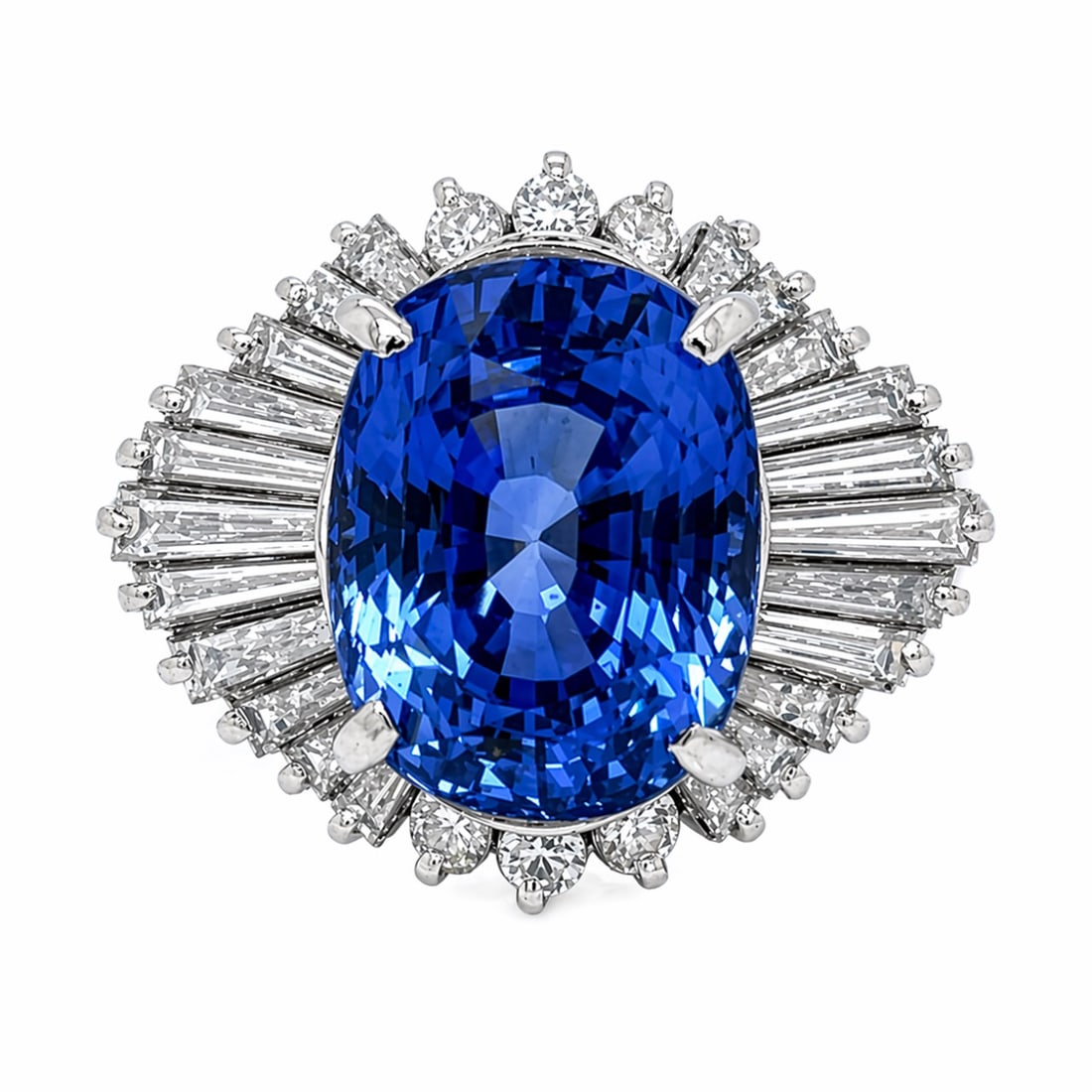GIA Platinum Ring with 6.69 CTW in Ceylon Sapphire & Diamond: Platinum GIA Certified Ceylon Sapphire & Diamond Ring, weighing 8.2 grams, centered by a vivid GIA-certified 5.68 ct Ceylon sapphire measuring 10.83 x 8.19 x 6.96 mm (GIA #5211491364), framed by 28 di