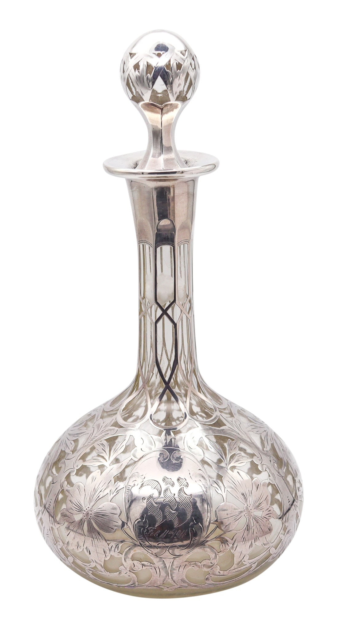 ART NOUVEAU 1900 Clear Glass Decanter-Bottle With Overlay .999 Sterling Silver (1 of 8)