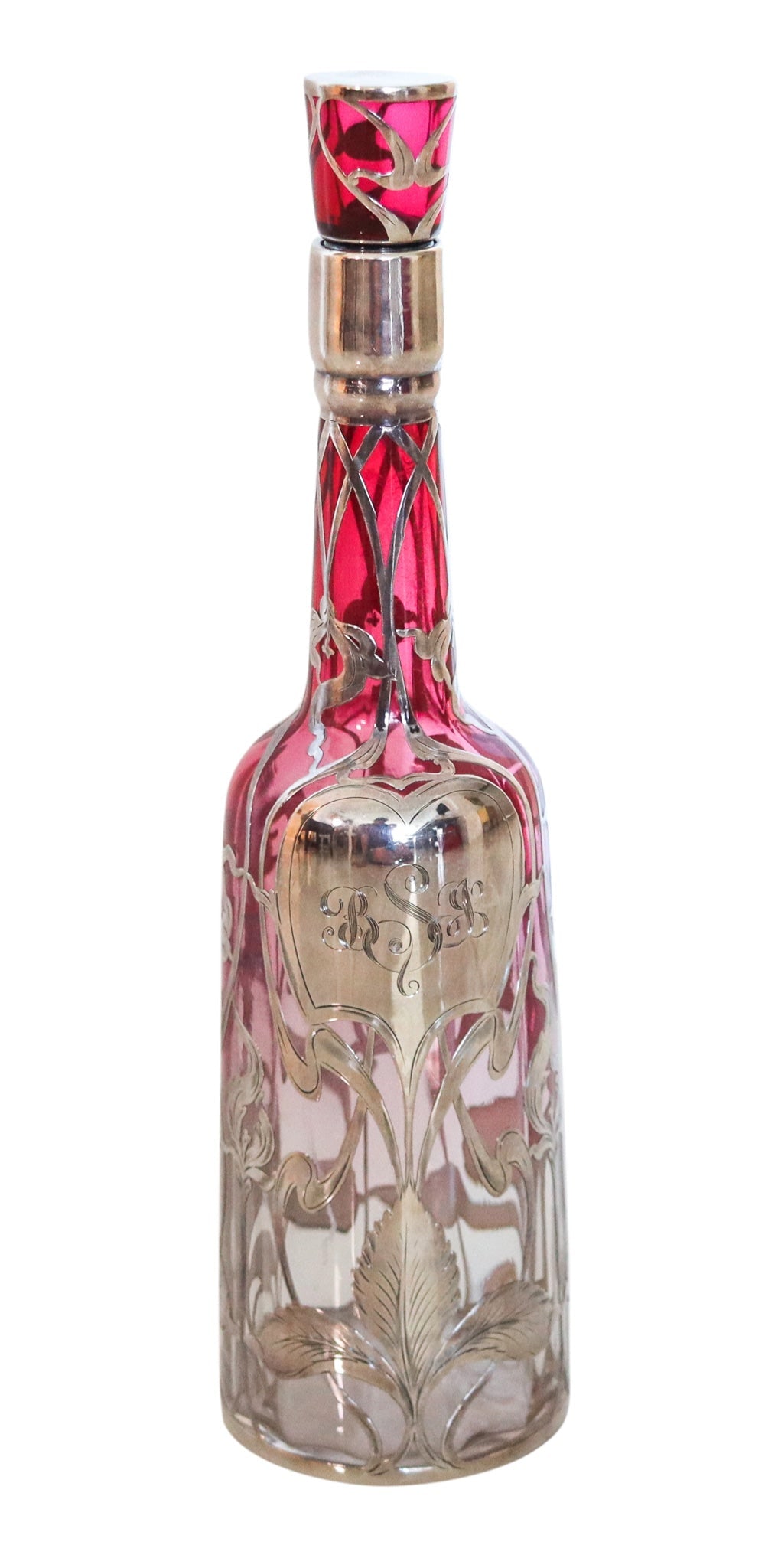 ART NOUVEAU 1900 Sherry Liquor Bottle In Reddish Glass & Overlay Sterling Silver (1 of 8)