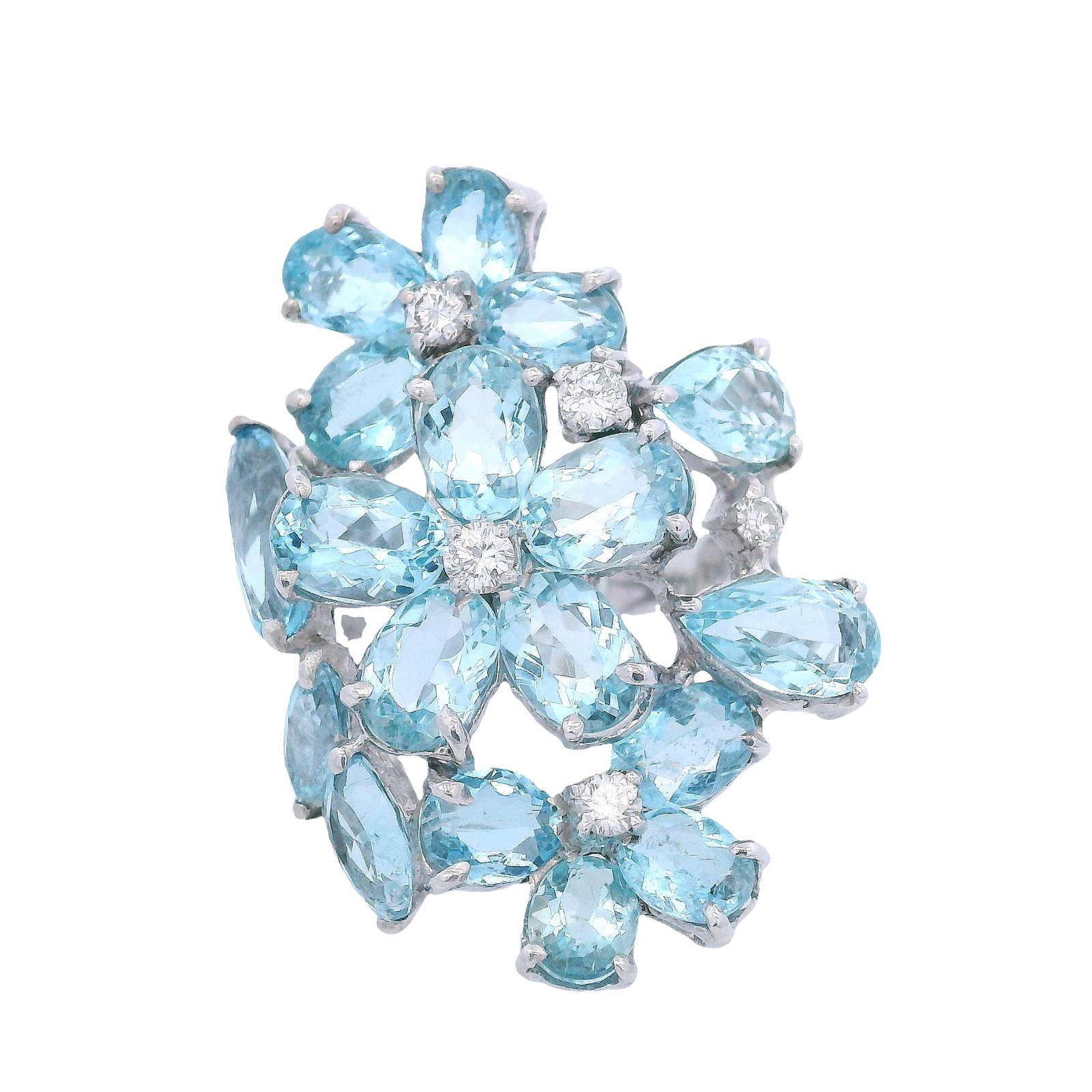 18K White Gold Cocktail Ring with 15.0 CTW in Aquamarine & Diamond: Striking 18K white gold cocktail ring showcasing a bold aquamarine arrangement with a combined approximate weight of 14.30 carats, beautifully complemented by sparkling diamond accents totaling approx