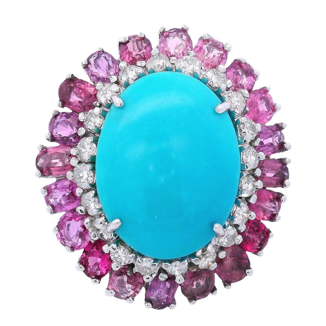 18K White Gold Cocktail Ring with 15.45 CTW in Turquoise, Diamond & Pink Sapphire: 18K white gold cocktail ring centered by a vivid cabochon turquoise weighing approximately 6.30 carats, framed by a brilliant diamond halo totaling approximately 1.05 carats (VS2–SI1 clarity, H–J 