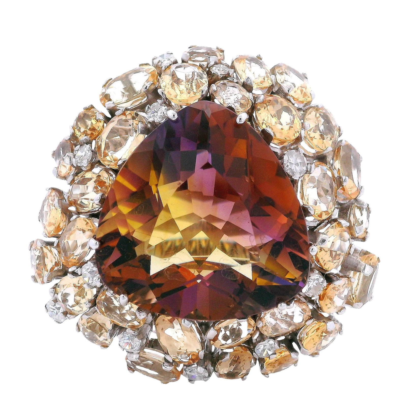 18K White Gold Cocktail Ring with 50.30 CTW in Ametrine, Imperial Topaz & Diamond: 18K white gold bold cocktail ring showcasing a dramatic ametrine centerpiece weighing approximately 28.00 carats, surrounded by oval imperial topaz totaling approximately 21.00 carats and finished wit